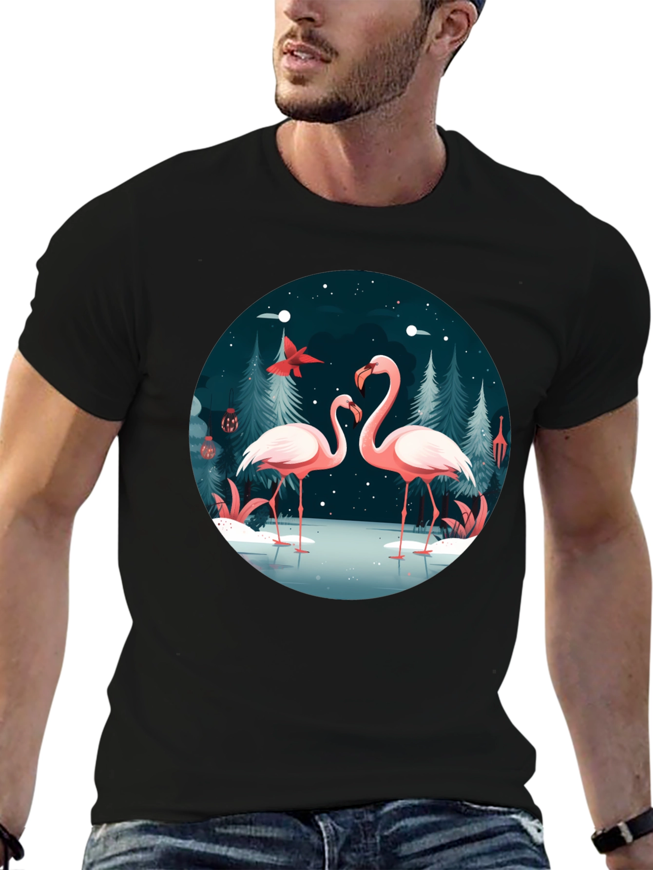 Flamingo Winter Scene Graphic Tee