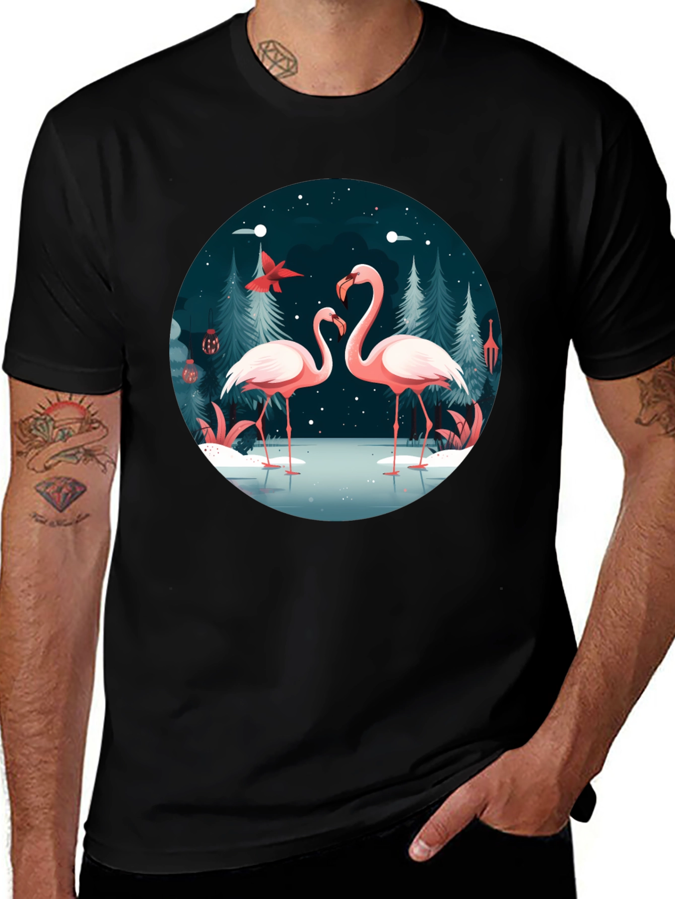 Flamingo Winter Scene Graphic Tee