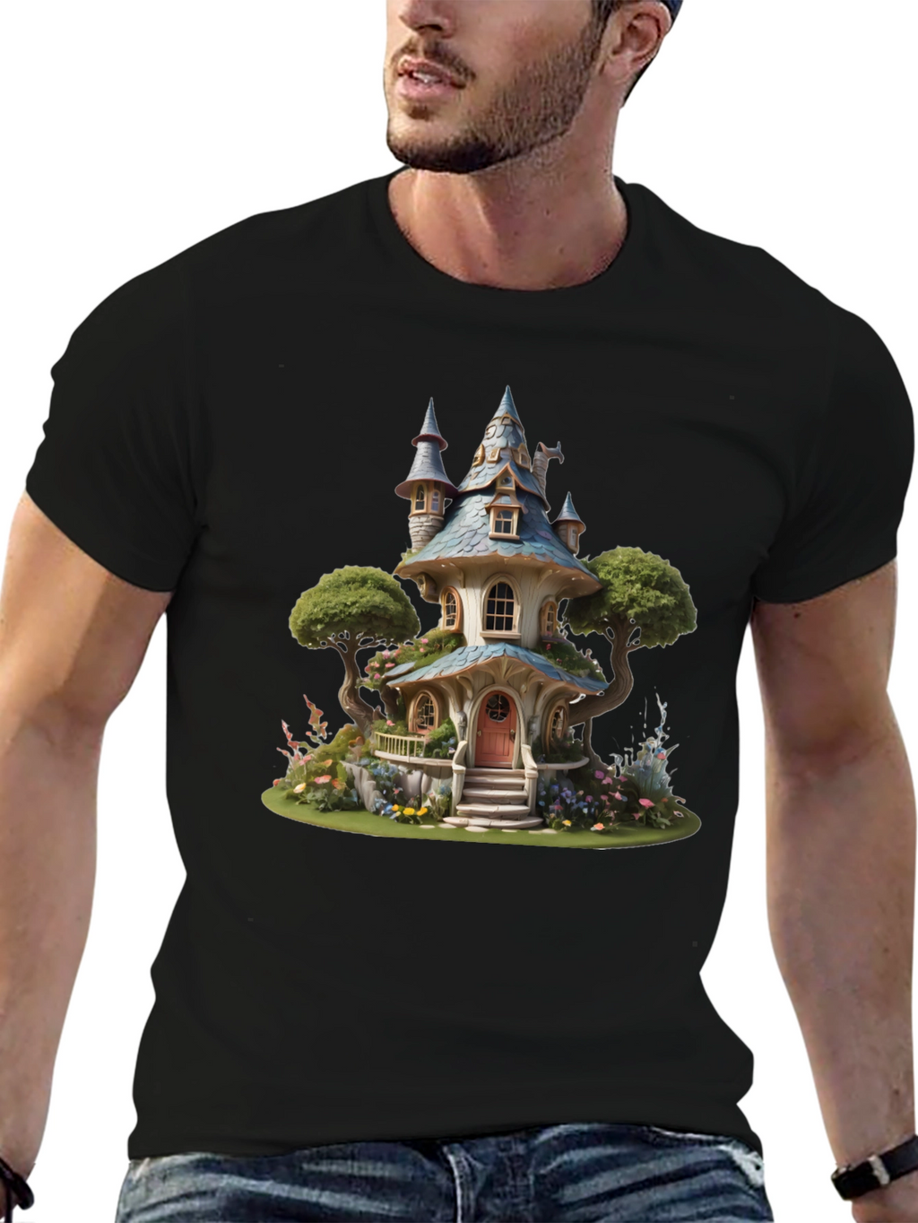 Whimsical Fairy House Graphic Tee - Black
