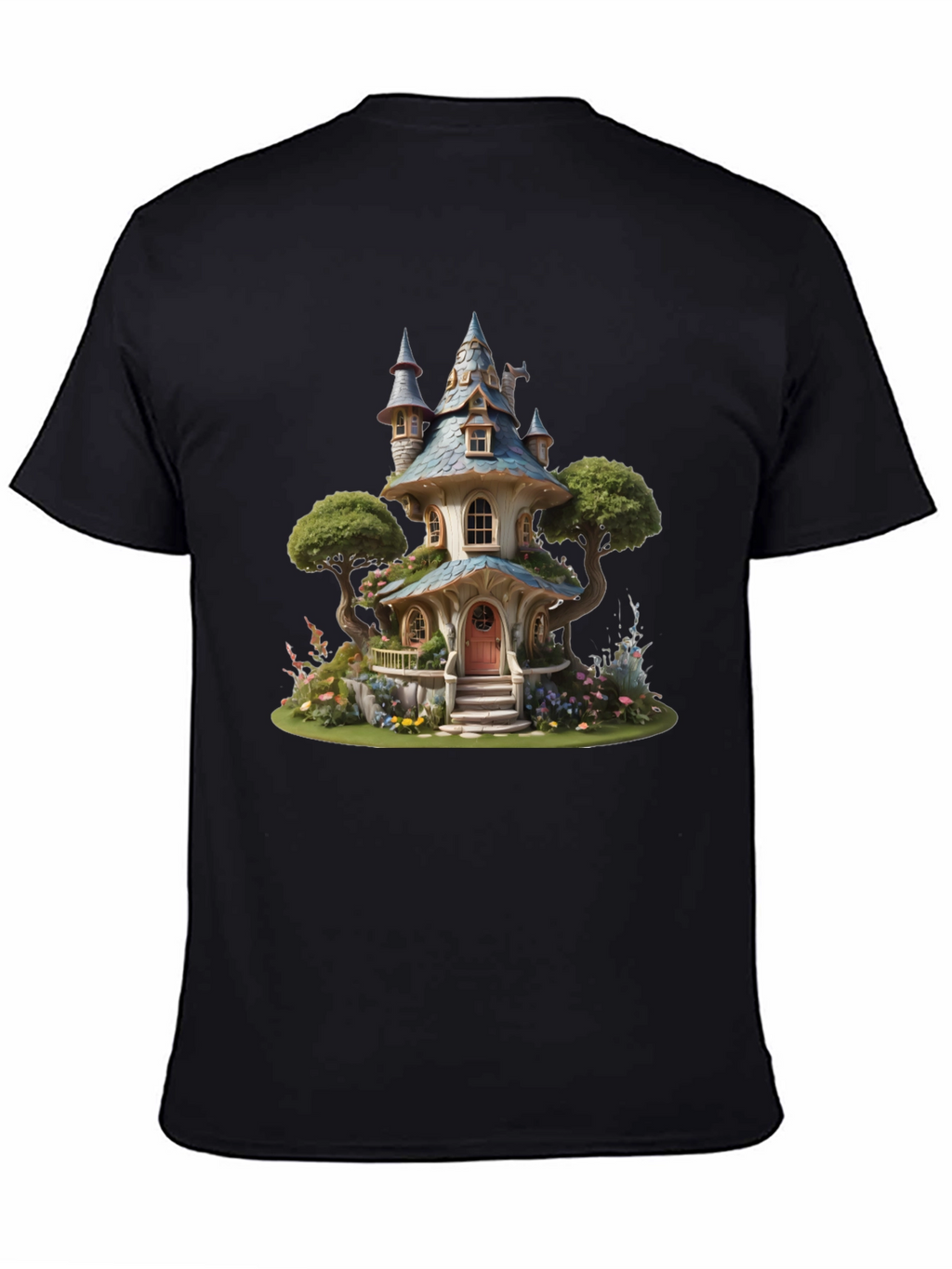 Whimsical Fairy House Graphic Tee - Black