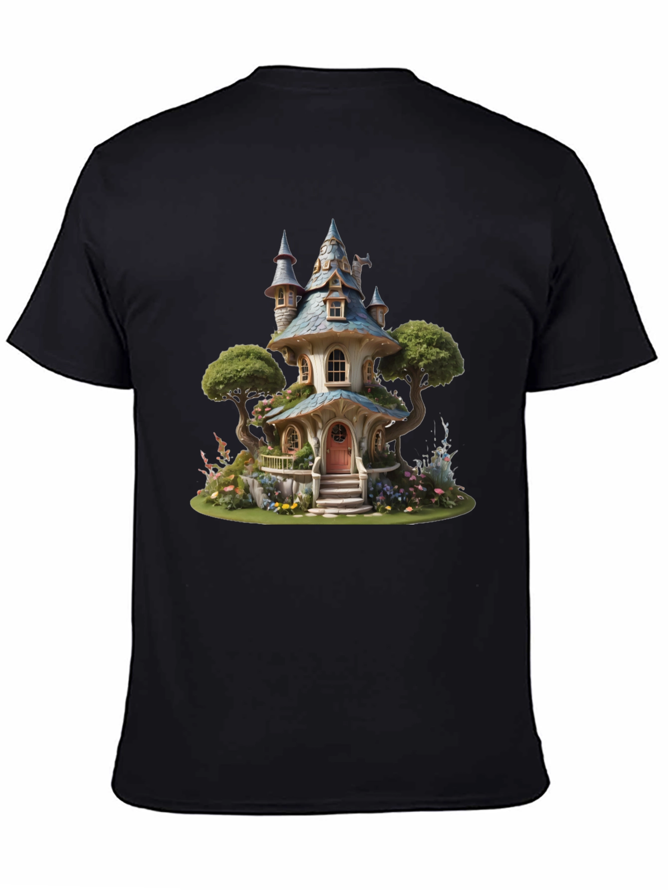 Whimsical Fairy House Graphic Tee - Black