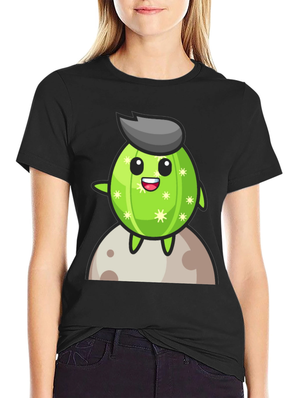 Cartoon Cactus on the Moon T-Shirt