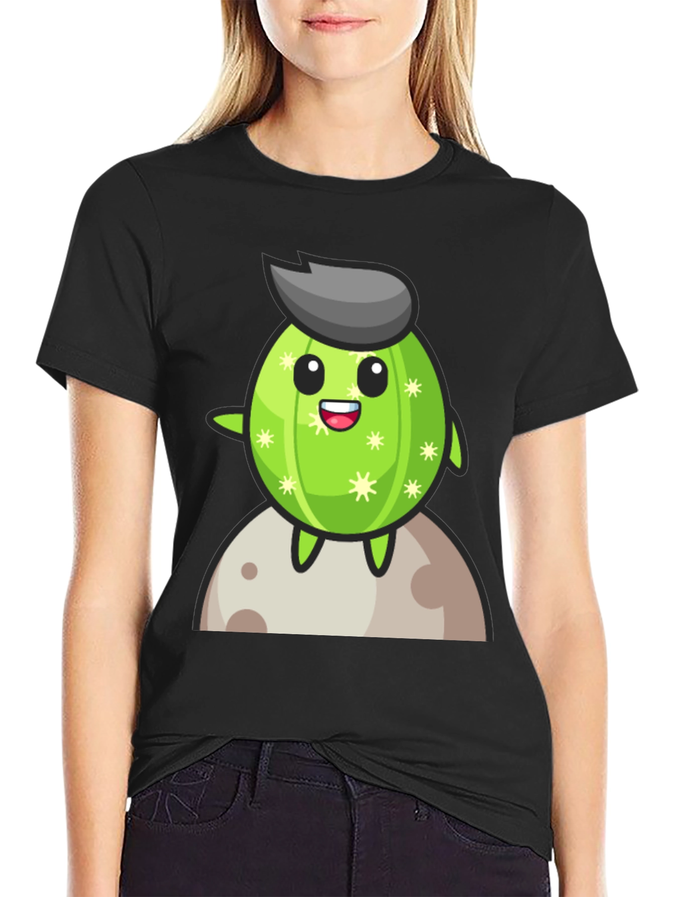 Cartoon Cactus on the Moon T-Shirt