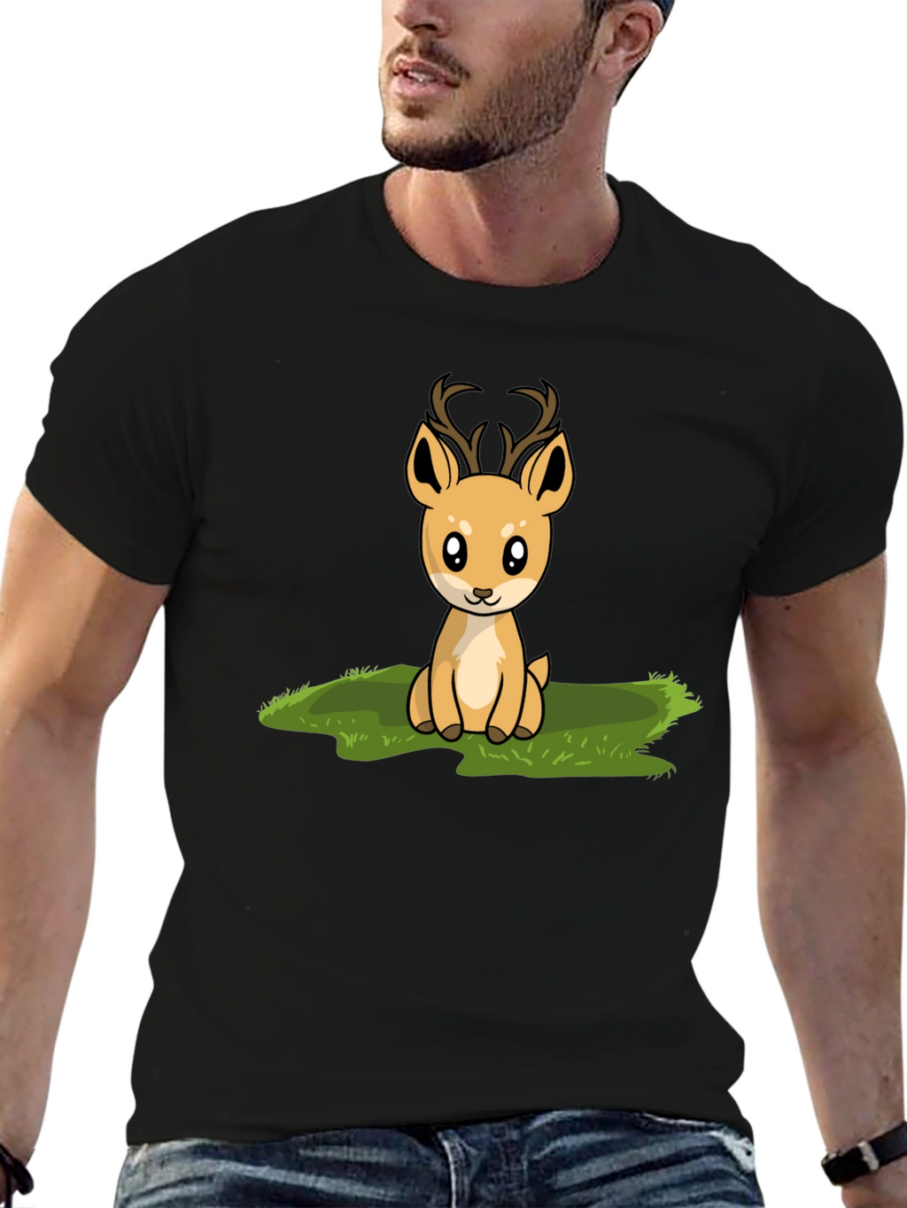Cute Deer Graphic Print Black T-Shirt