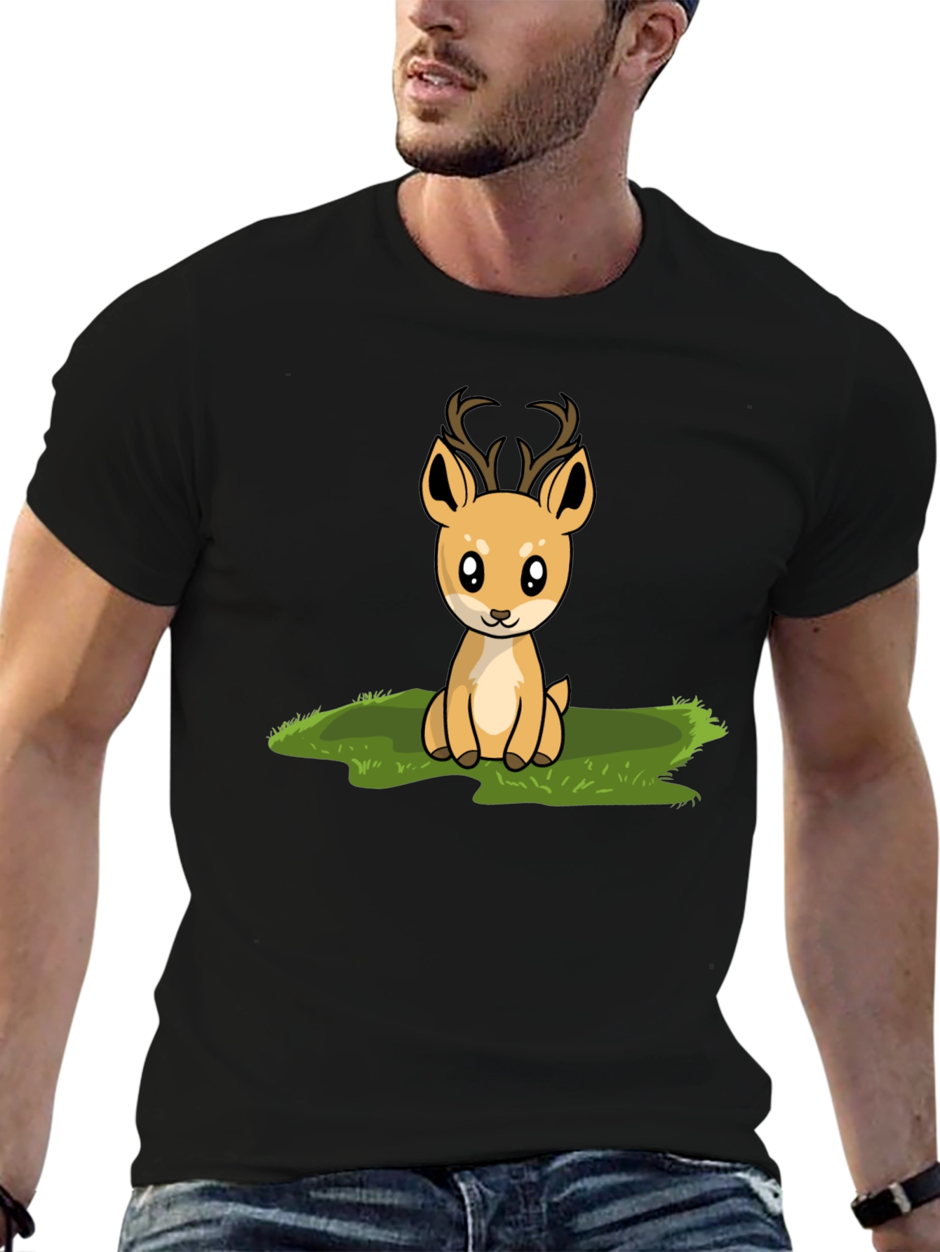 Cute Deer Graphic Print Black T-Shirt