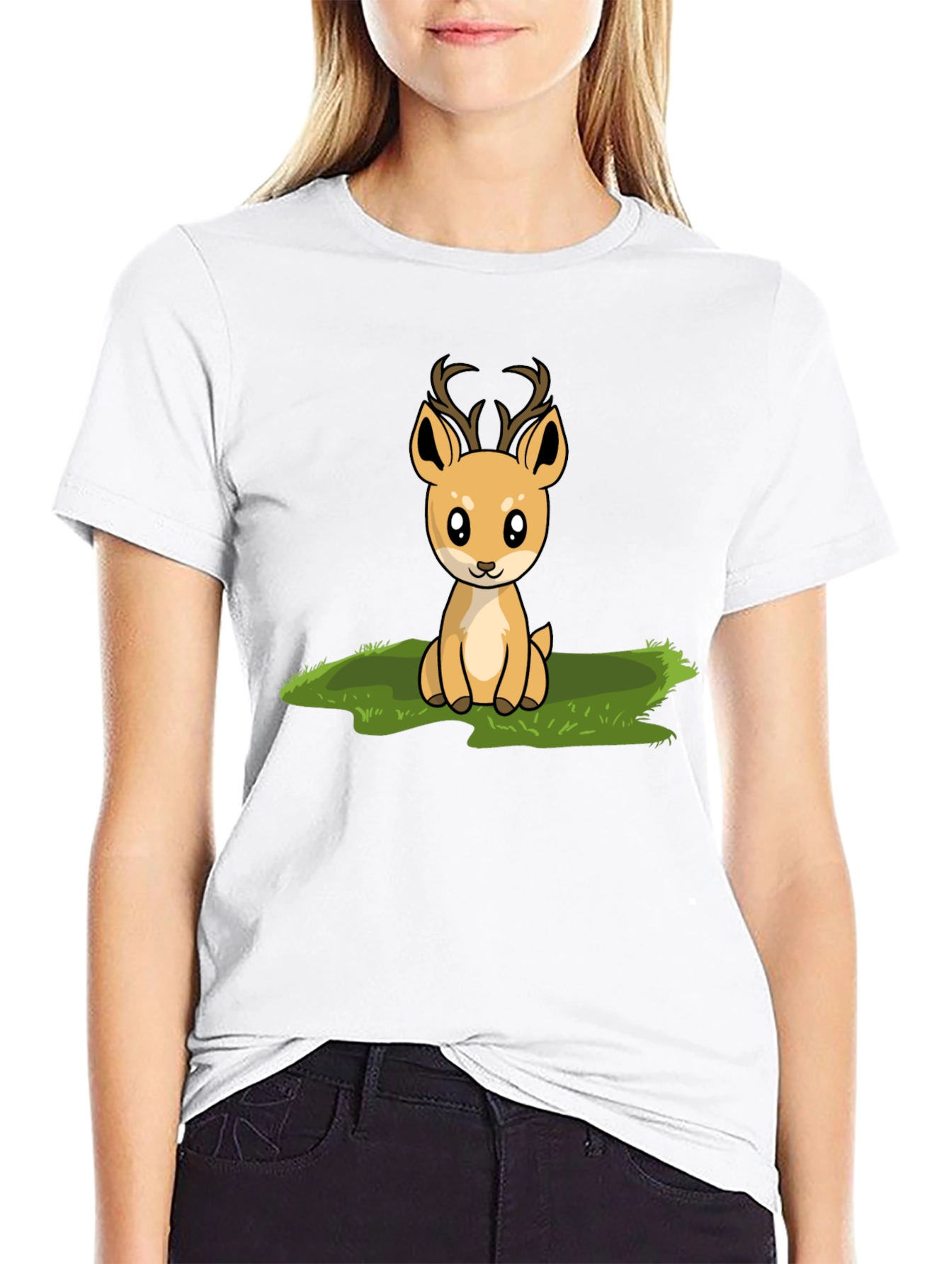 Cute Deer Graphic Print Black T-Shirt
