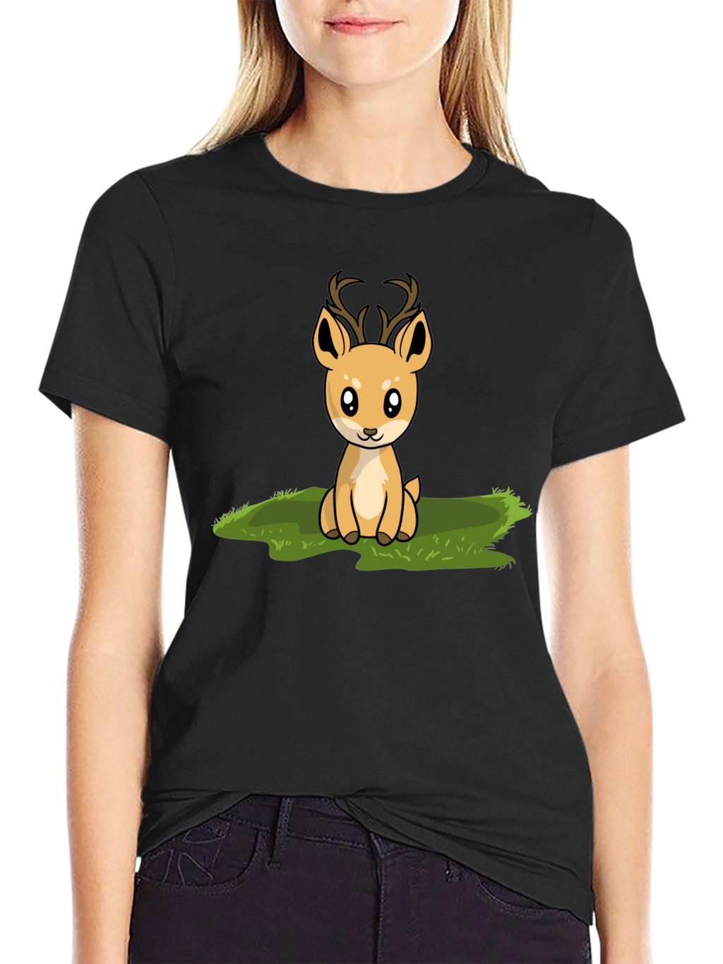 Cute Deer Graphic Print Black T-Shirt