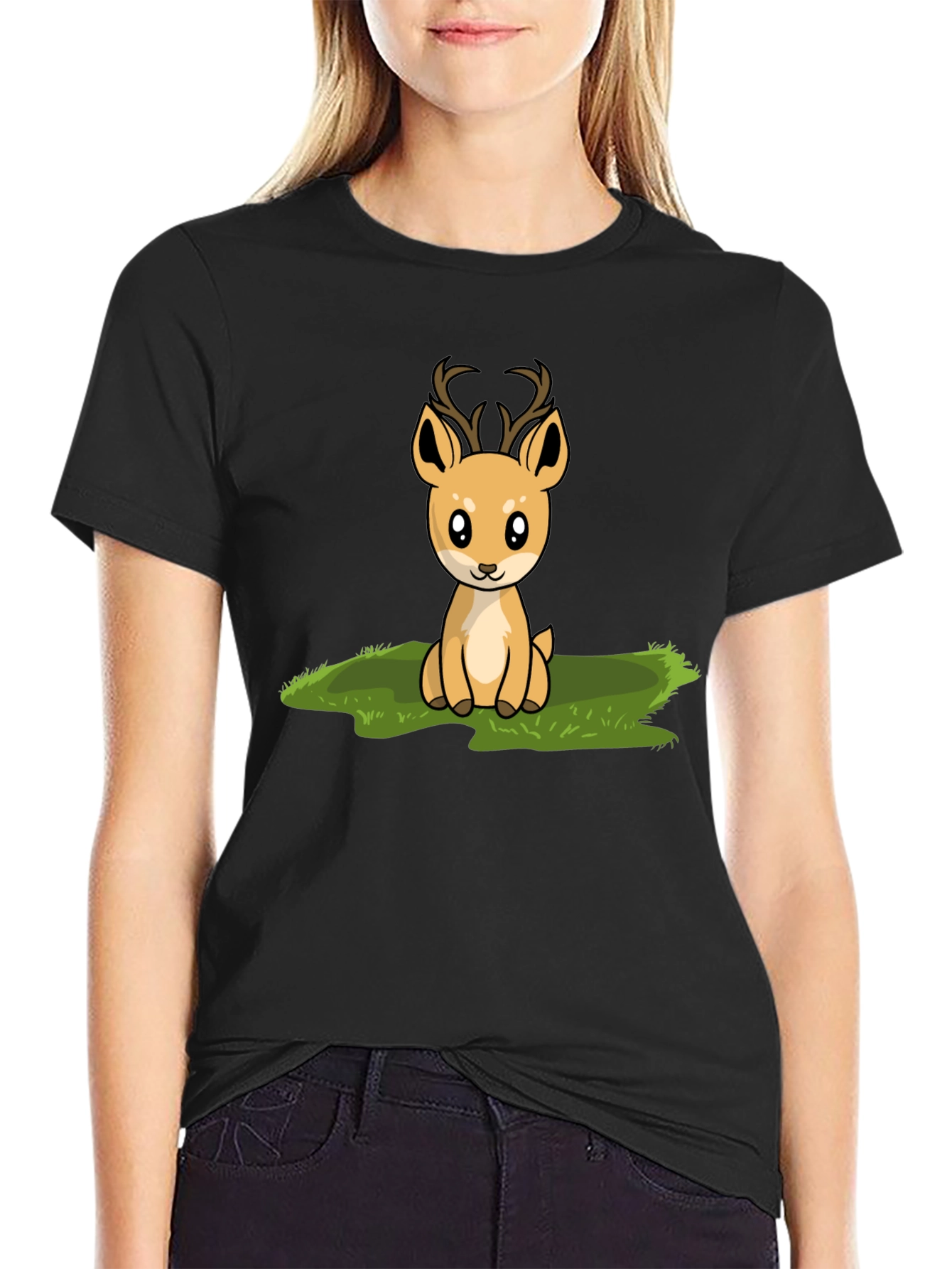 Cute Deer Graphic Print Black T-Shirt
