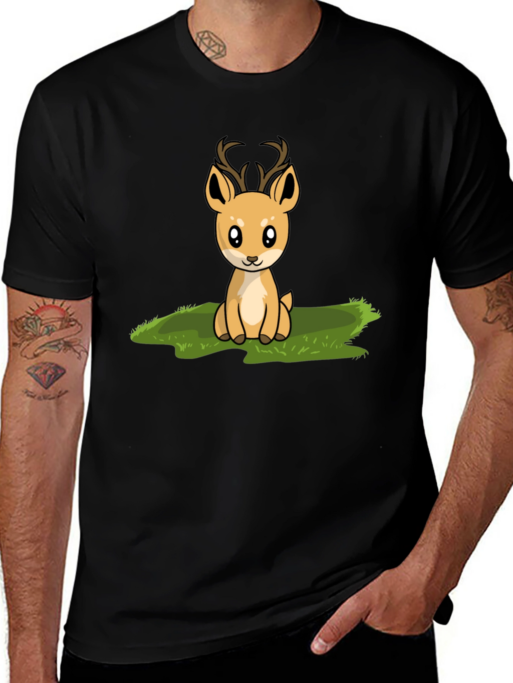 Cute Deer Graphic Print Black T-Shirt