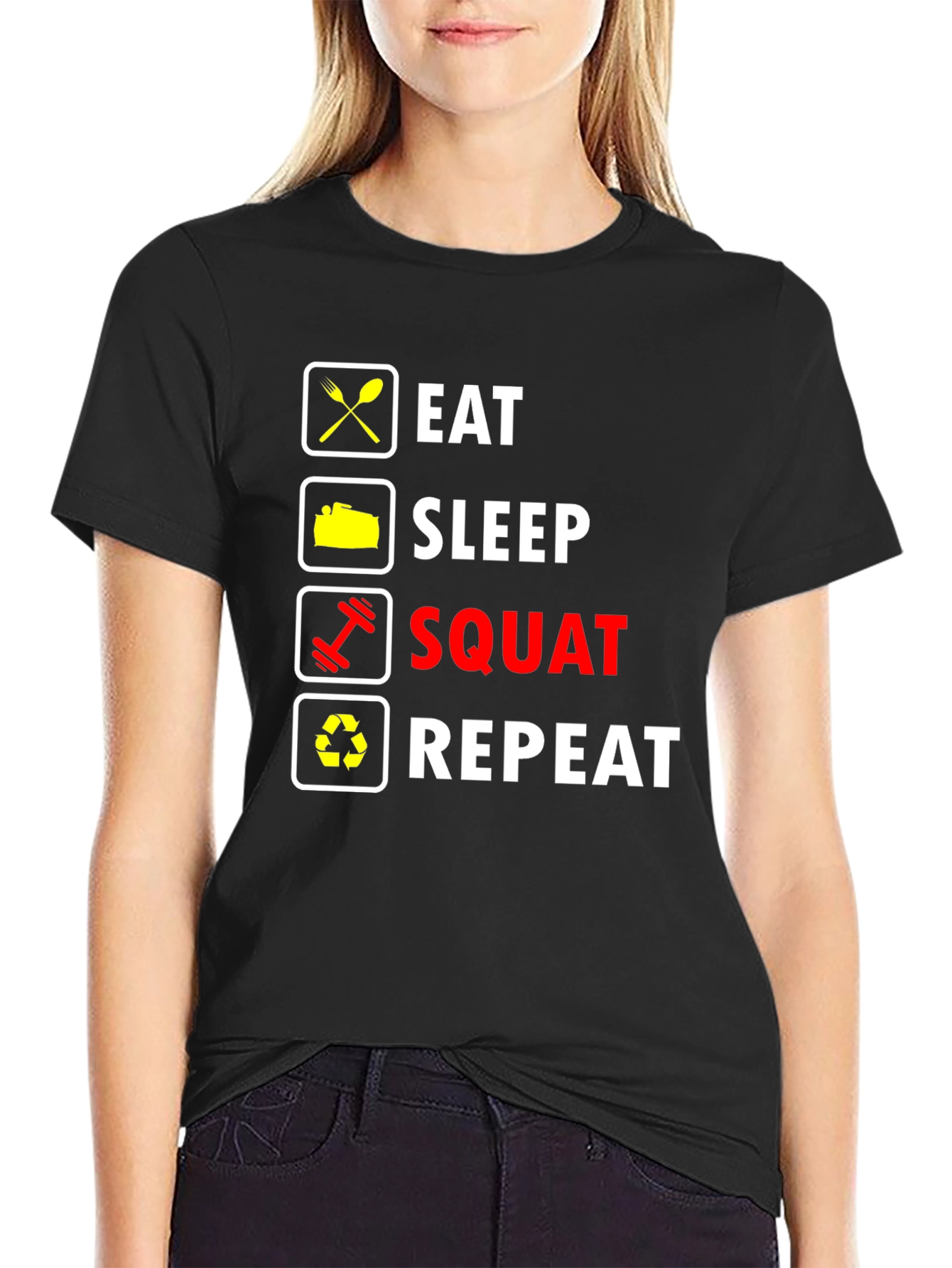 Eat Sleep Squat Repeat T-Shirt - Gym Workout Fitness Tee