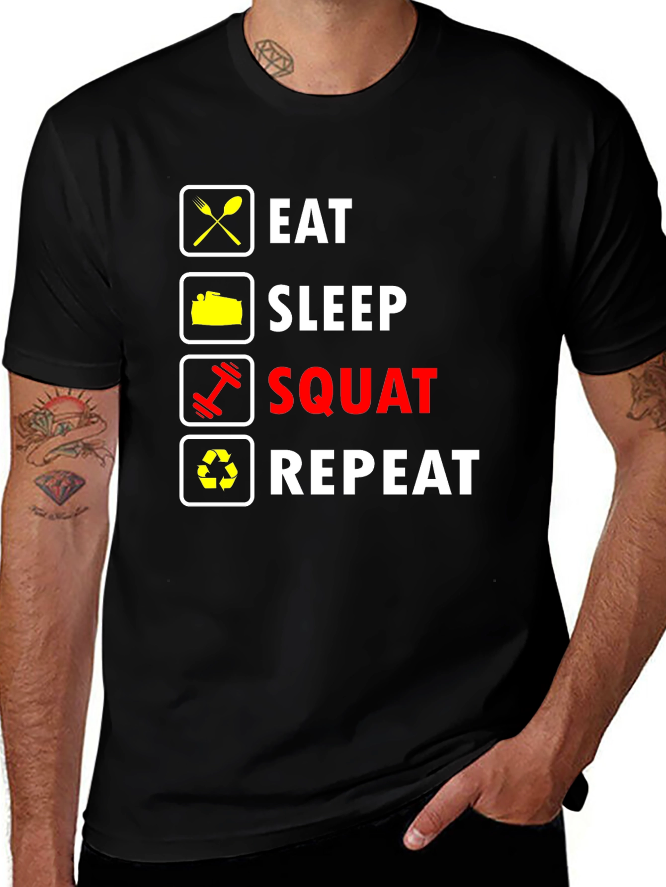 Eat Sleep Squat Repeat T-Shirt - Gym Workout Fitness Tee