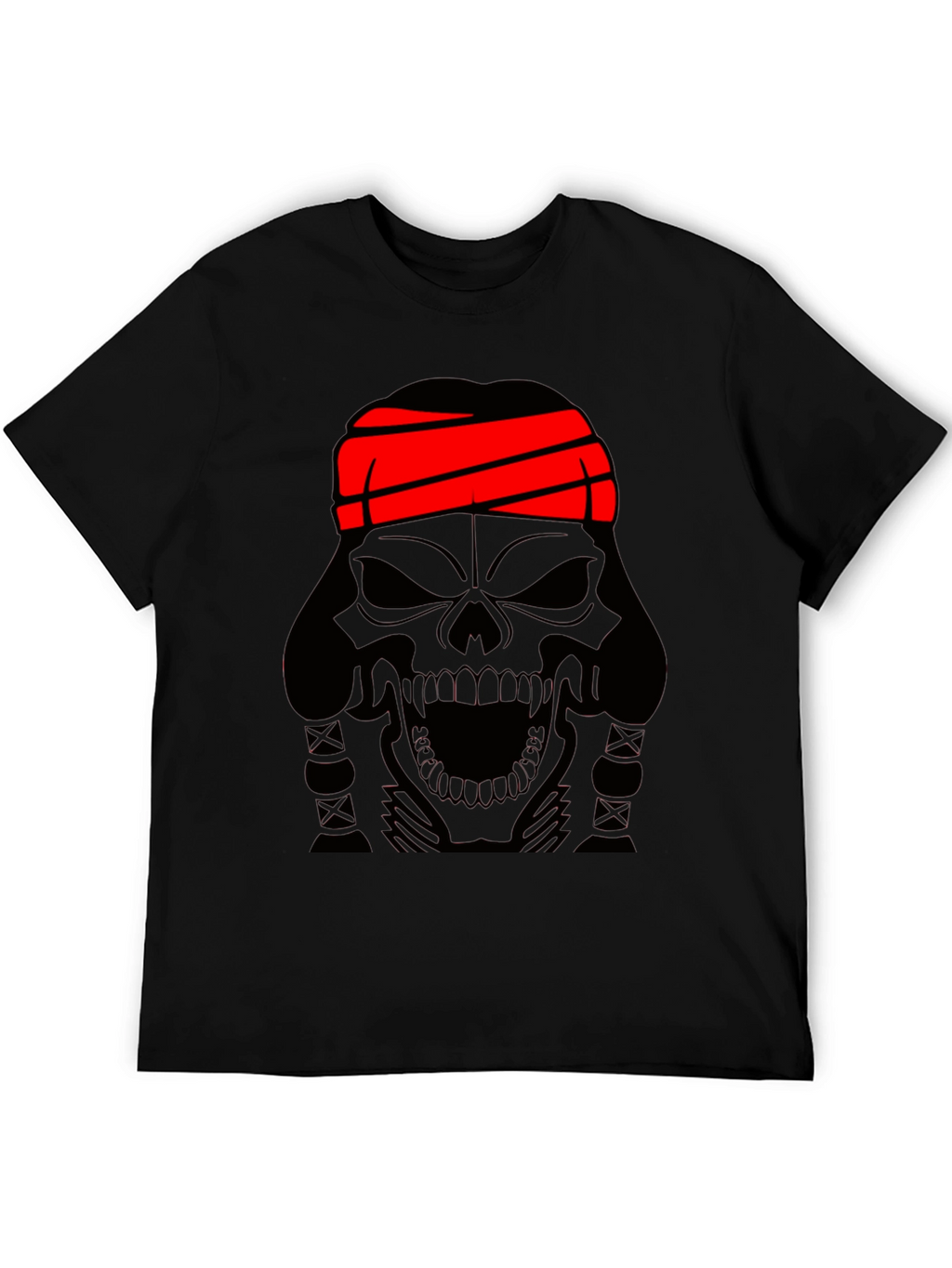Skull T-Shirt - Black Graphic Tee with Red Headband