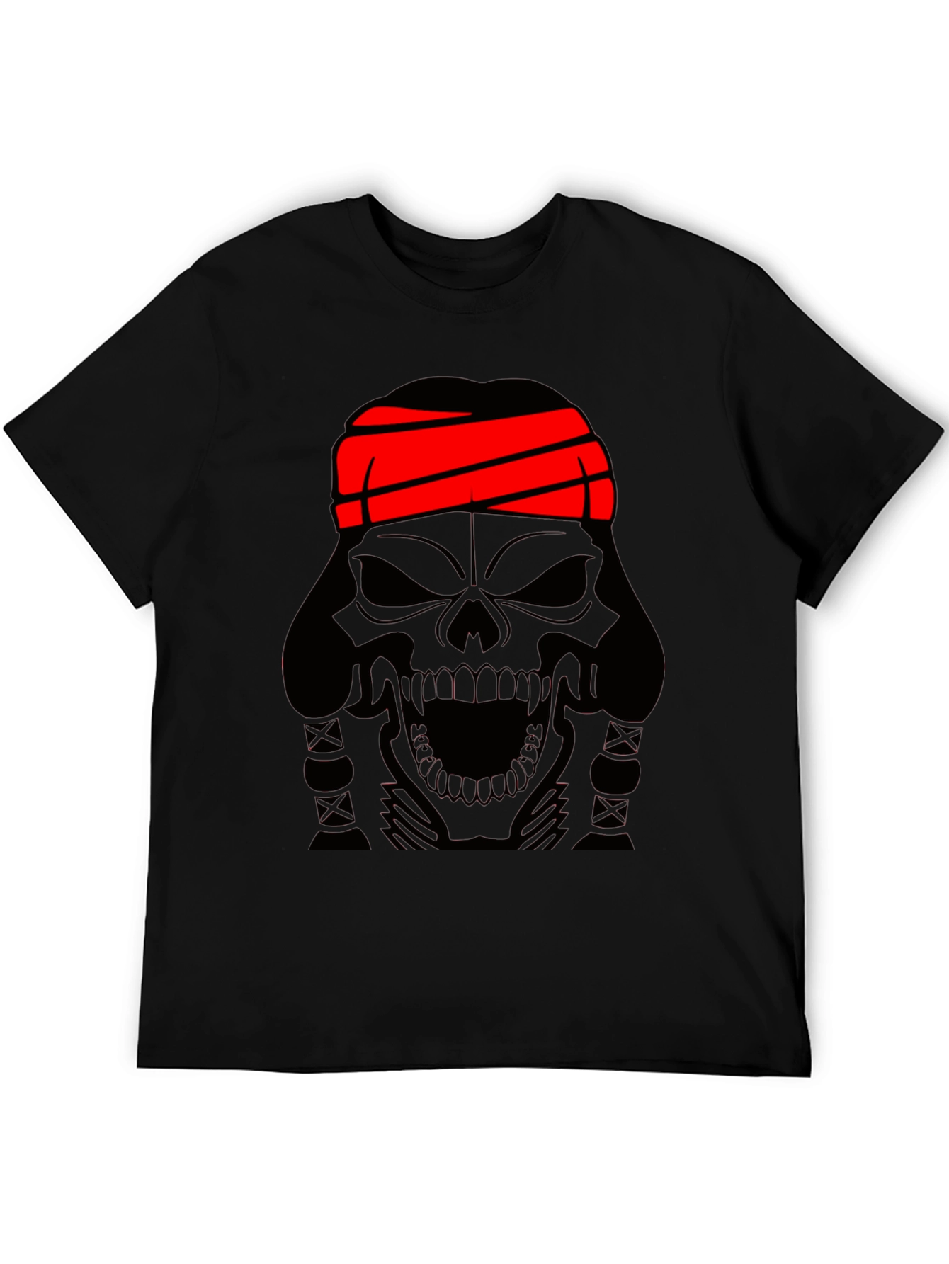 Skull T-Shirt - Black Graphic Tee with Red Headband
