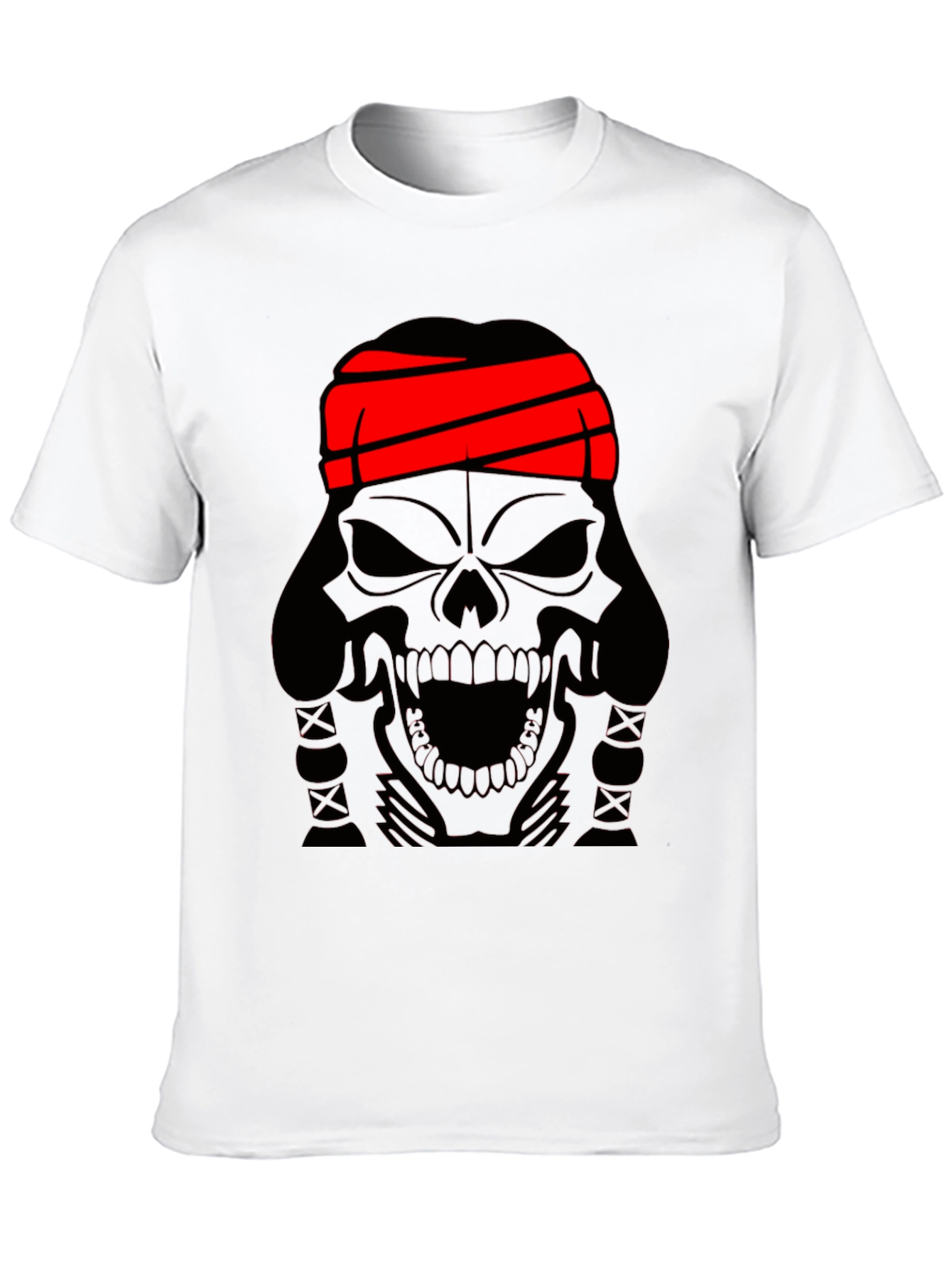 Skull T-Shirt - Black Graphic Tee with Red Headband