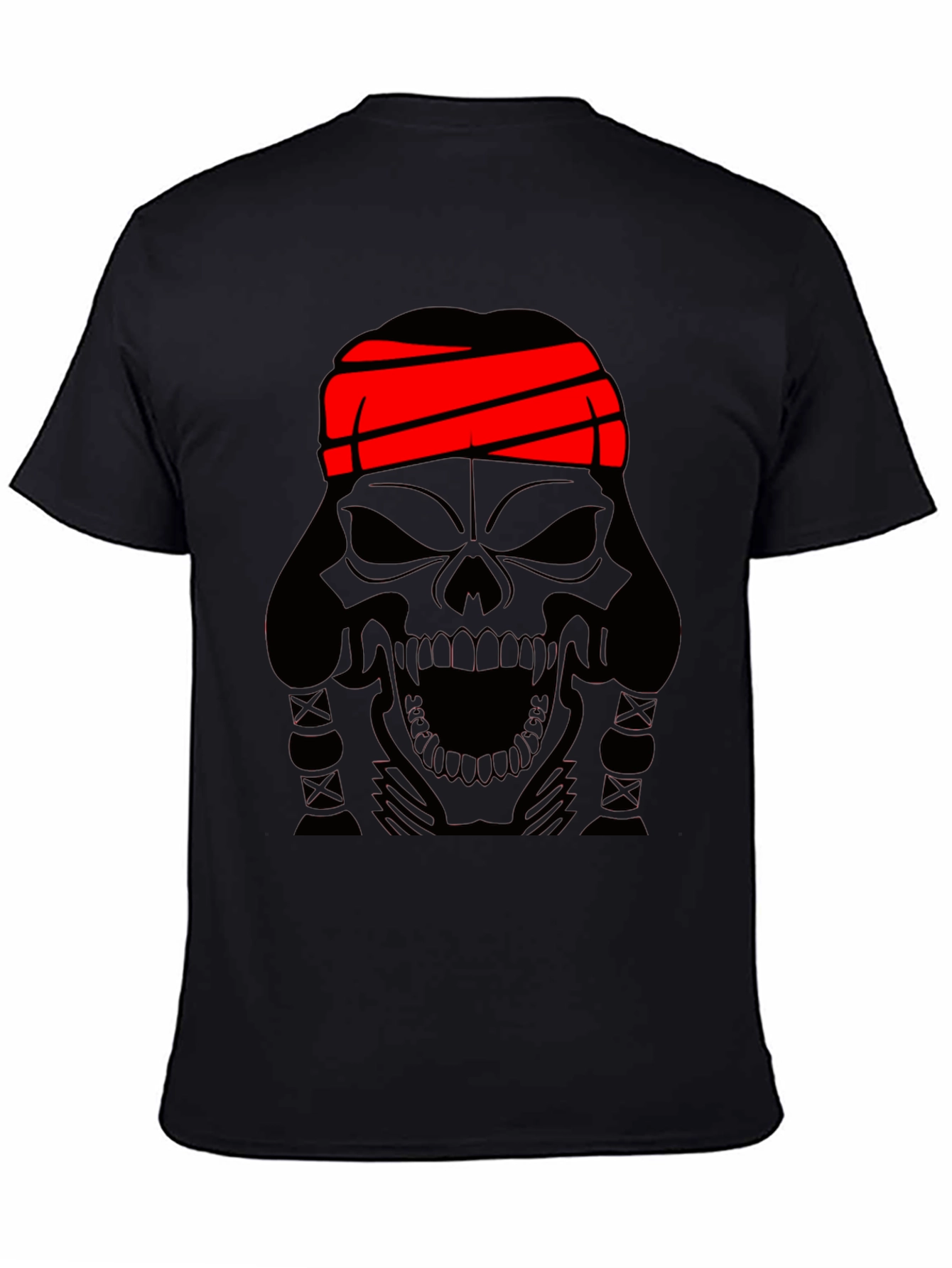 Skull T-Shirt - Black Graphic Tee with Red Headband