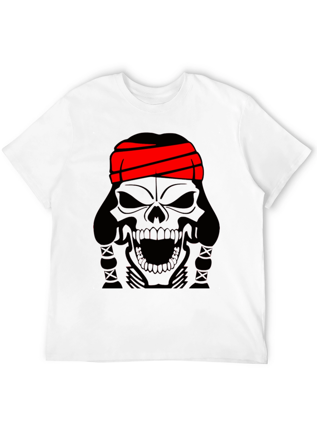 Skull T-Shirt - Black Graphic Tee with Red Headband