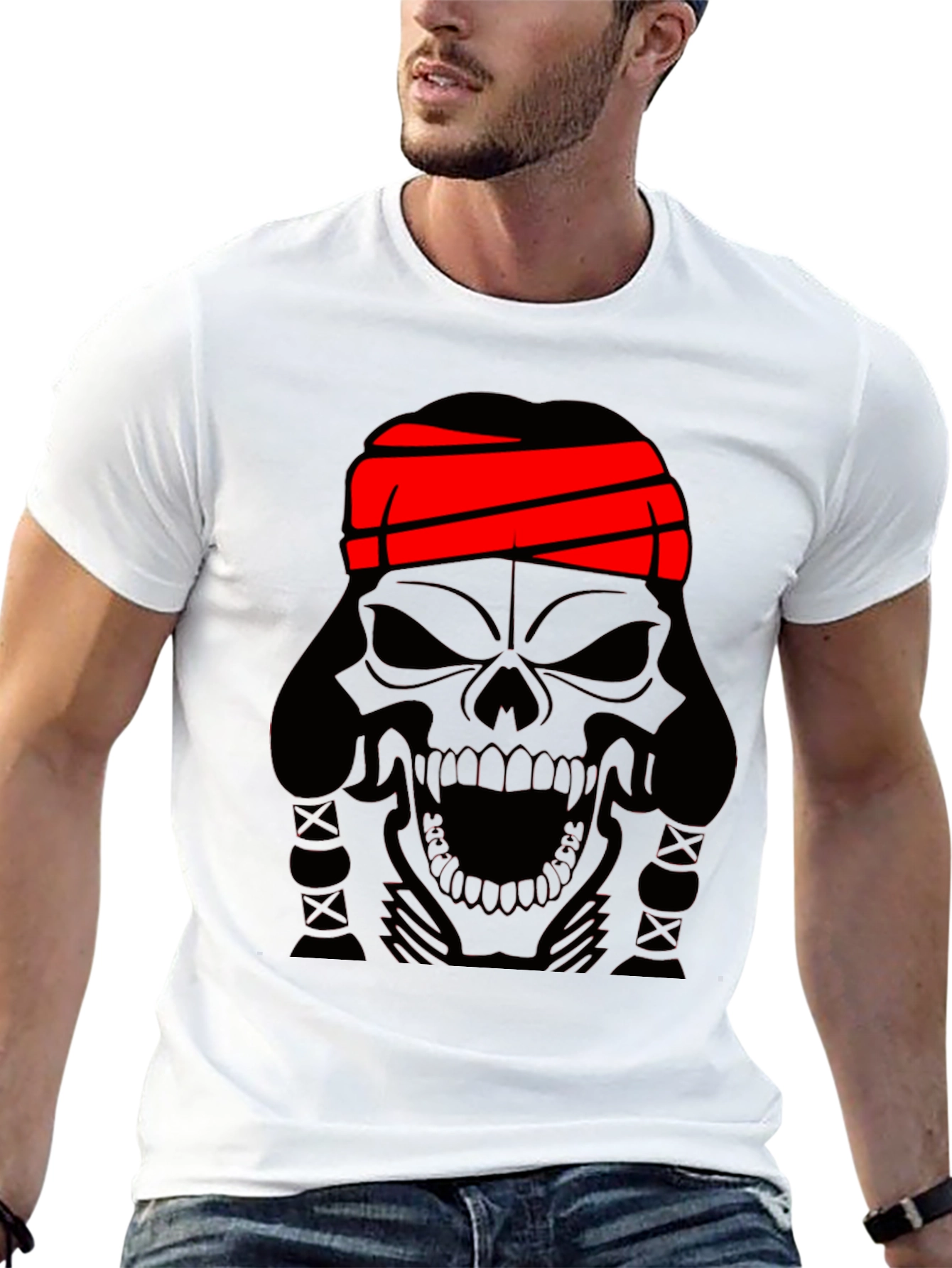 Skull T-Shirt - Black Graphic Tee with Red Headband