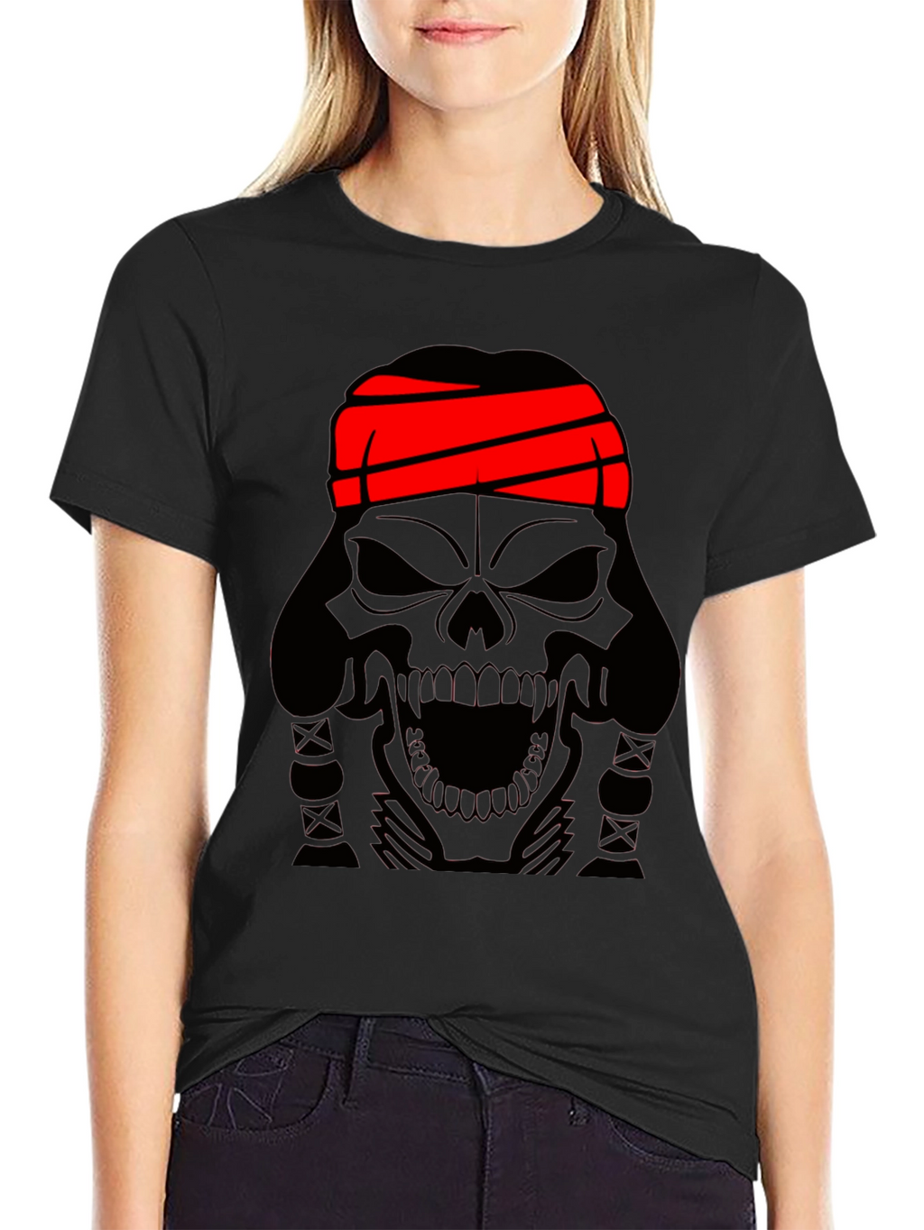 Skull T-Shirt - Black Graphic Tee with Red Headband