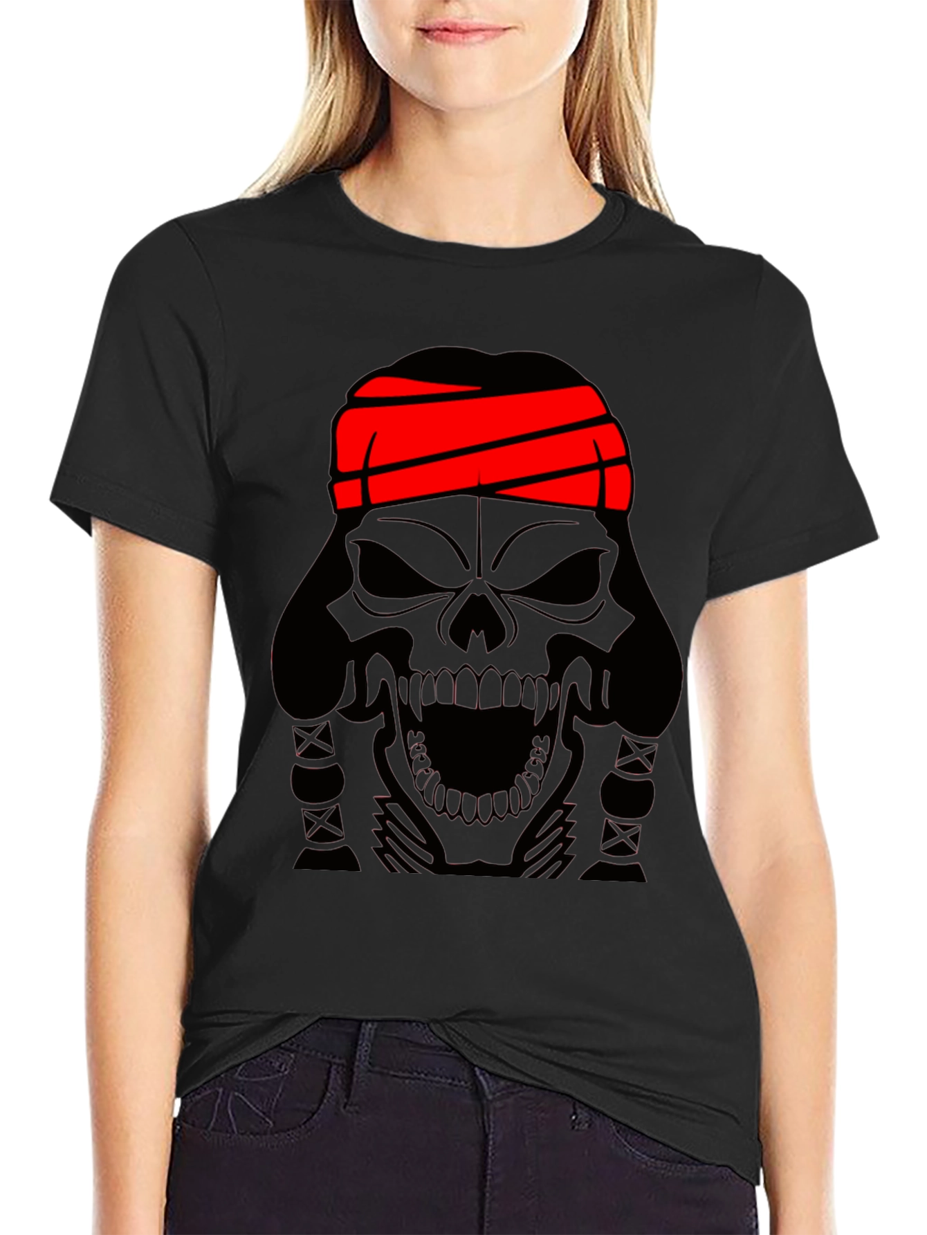 Skull T-Shirt - Black Graphic Tee with Red Headband