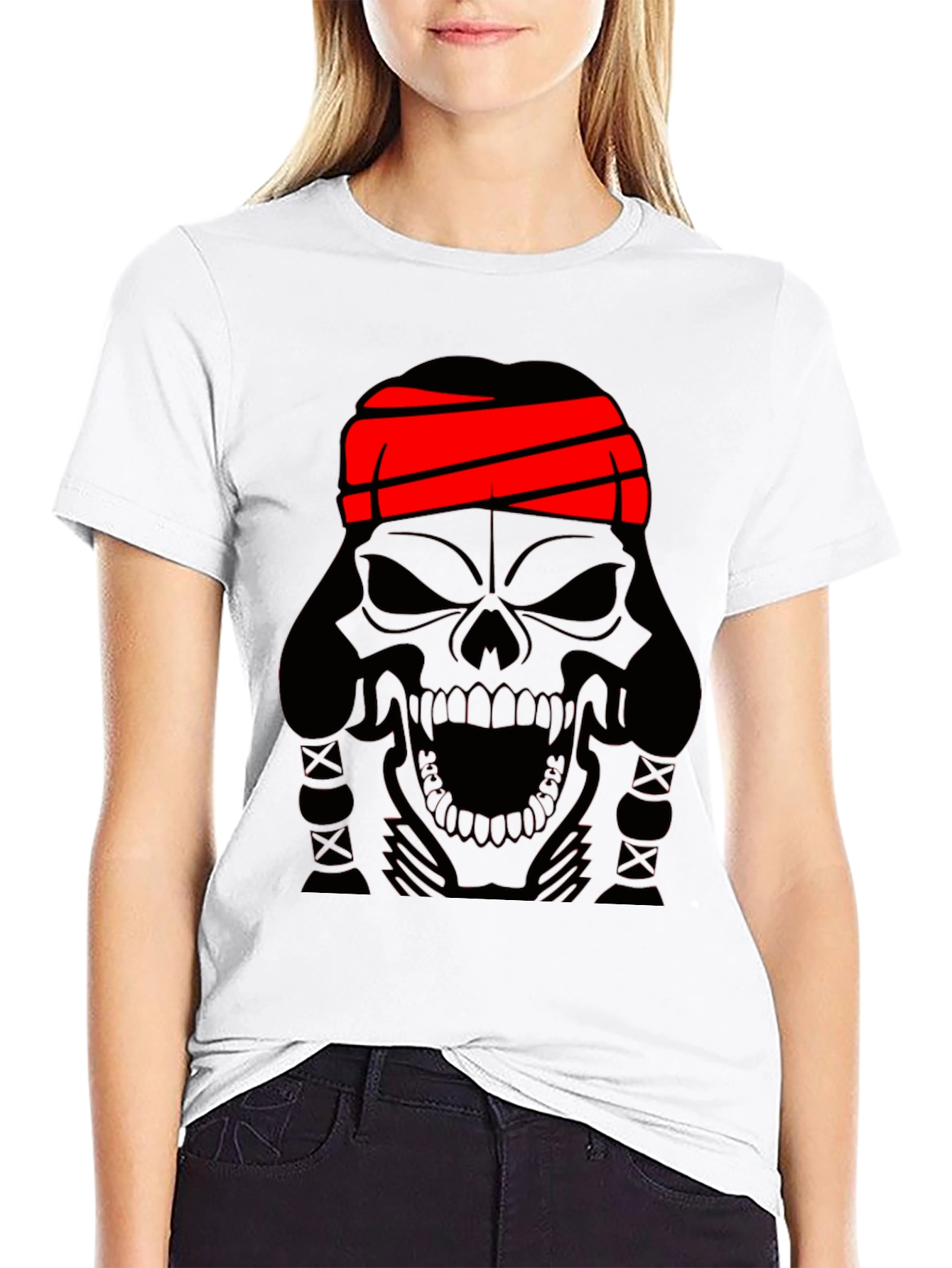 Skull T-Shirt - Black Graphic Tee with Red Headband