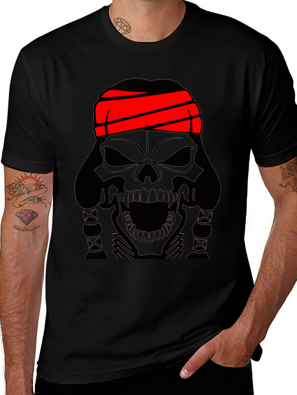 Skull T-Shirt - Black Graphic Tee with Red Headband