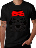 Skull T-Shirt - Black Graphic Tee with Red Headband