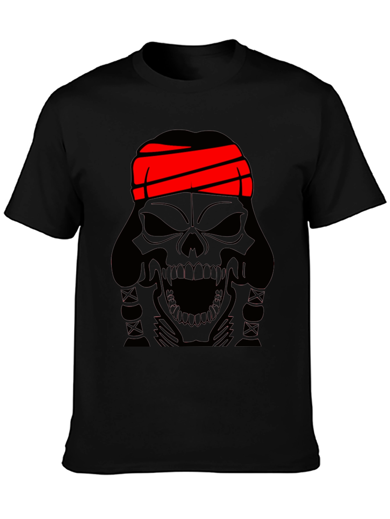 Skull T-Shirt - Black Graphic Tee with Red Headband