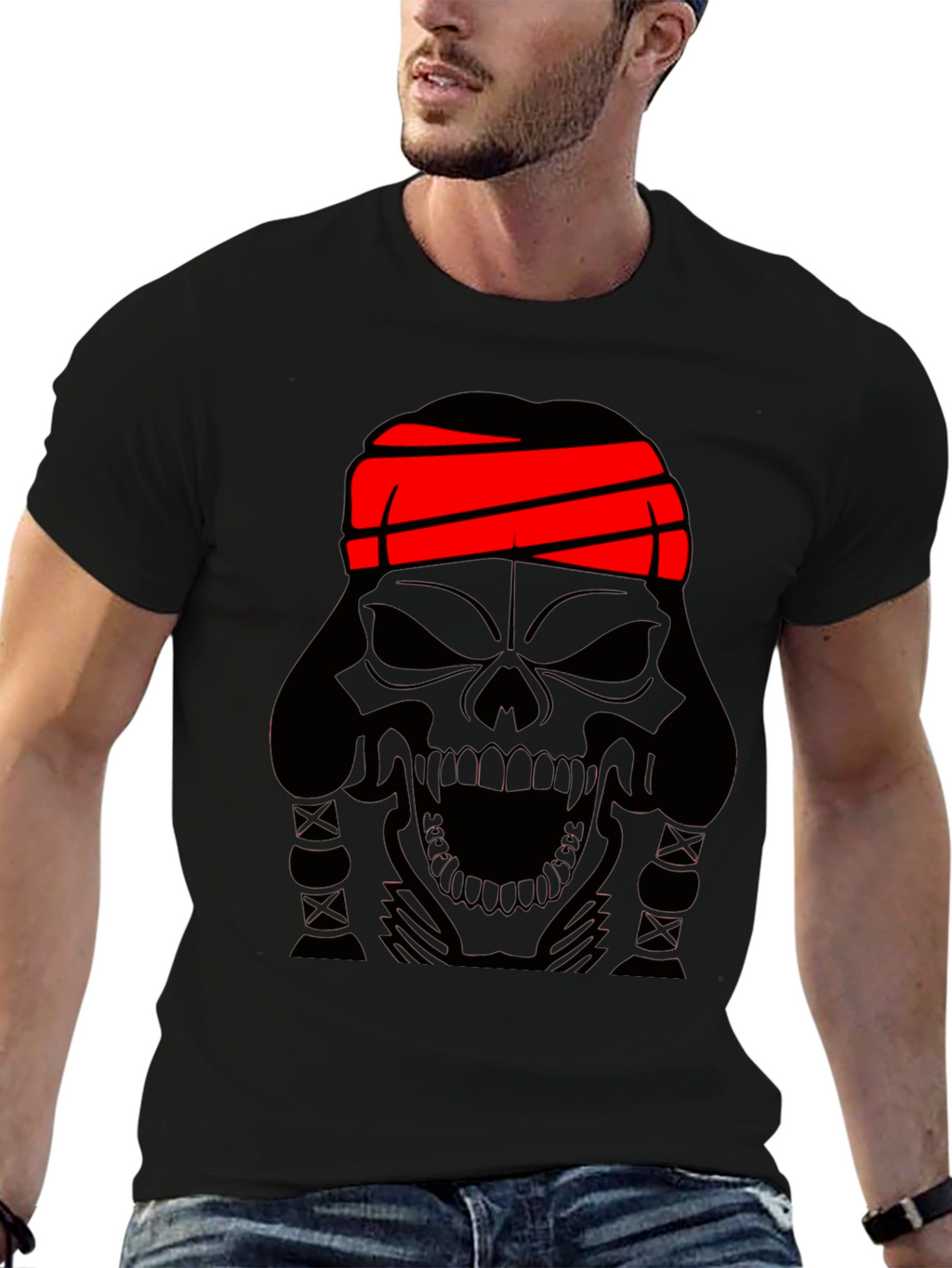 Skull T-Shirt - Black Graphic Tee with Red Headband
