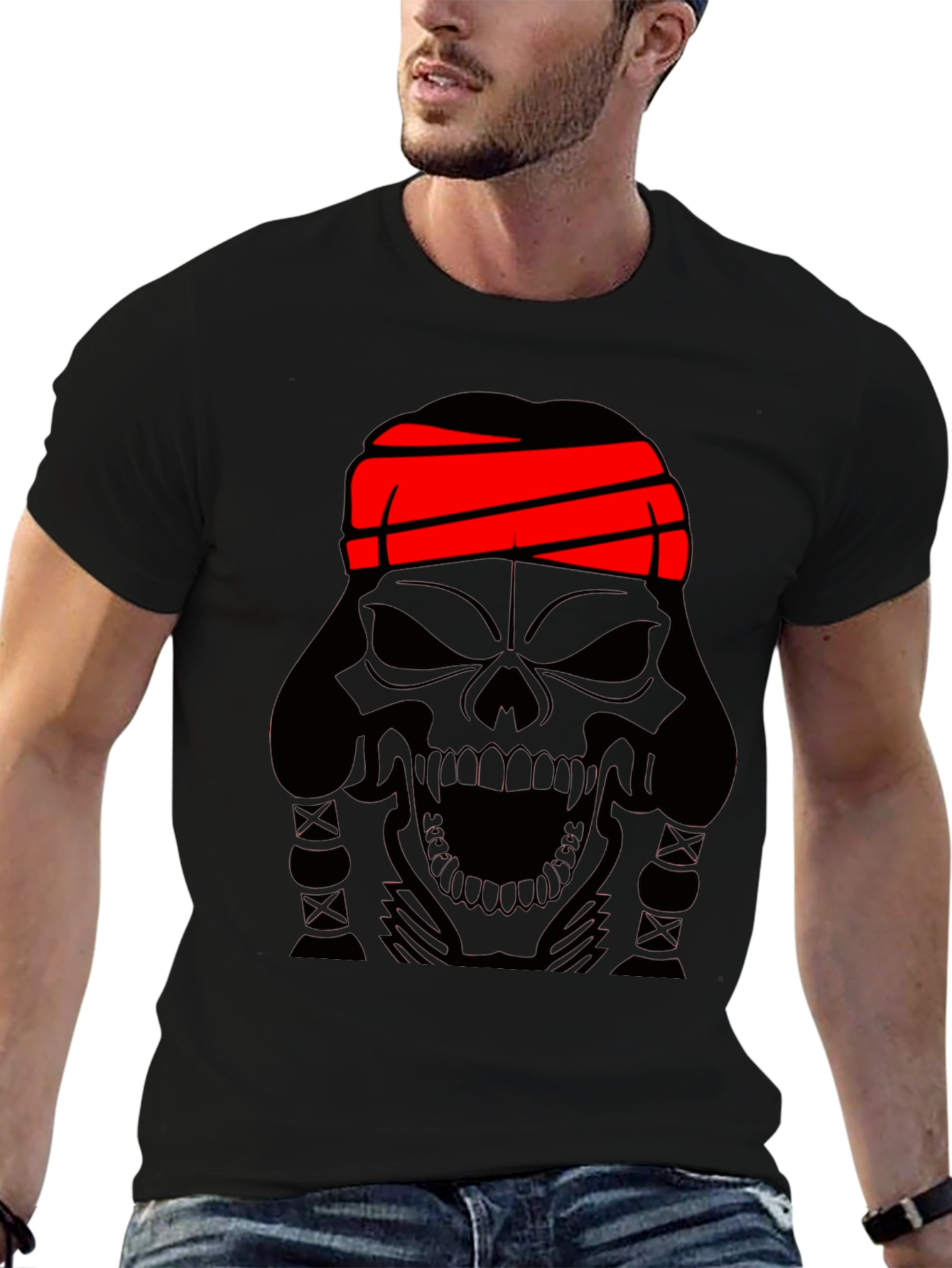 Skull T-Shirt - Black Graphic Tee with Red Headband