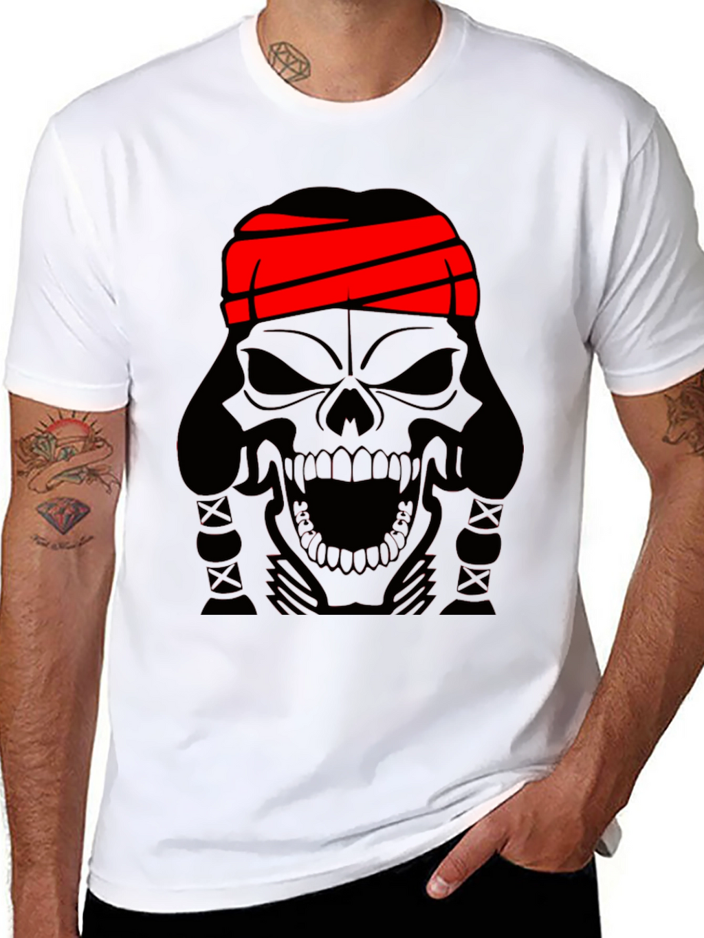 Skull T-Shirt - Black Graphic Tee with Red Headband