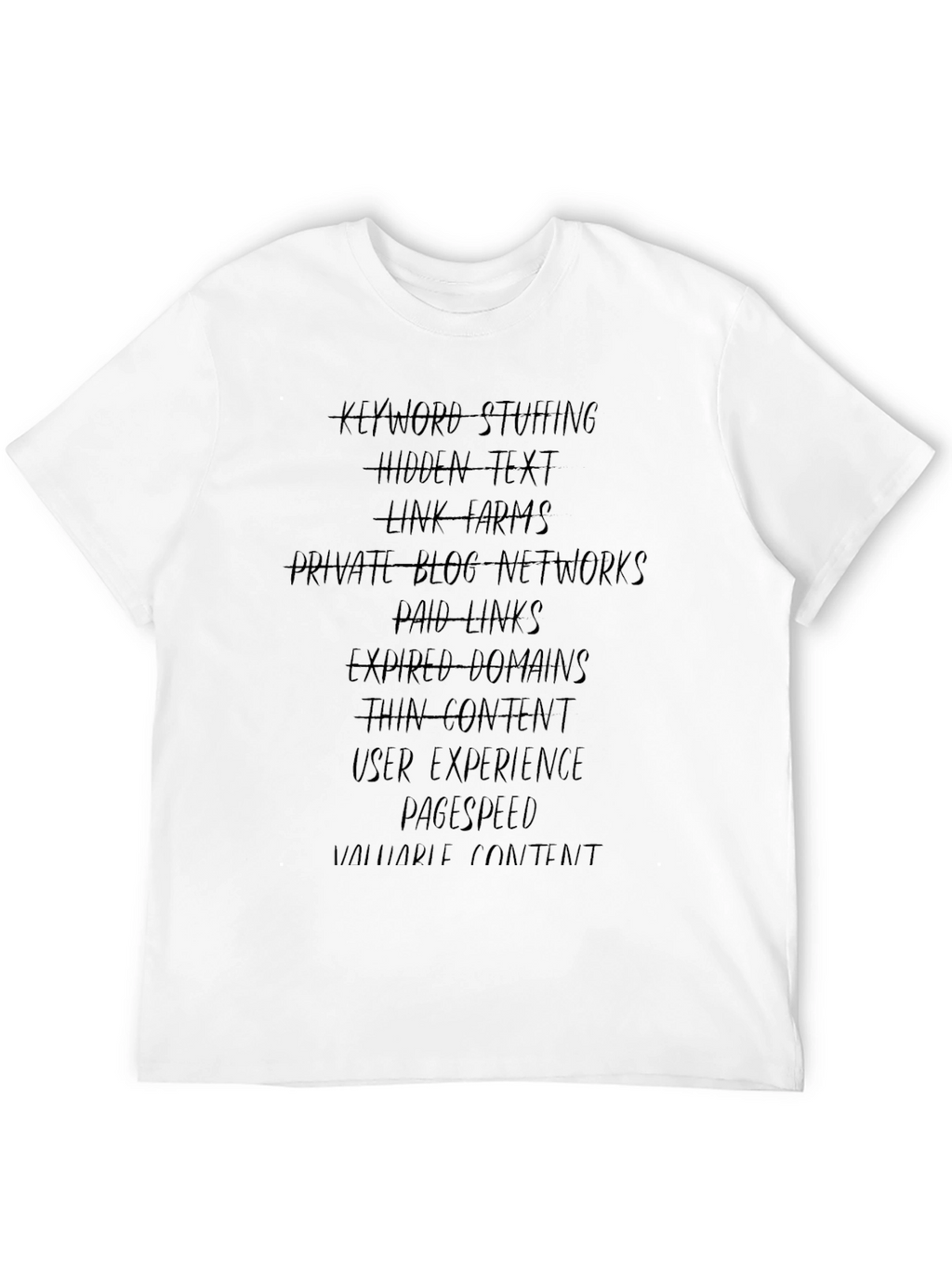 SEO T-Shirt: Keyword Stuffing & Link Farms Warning