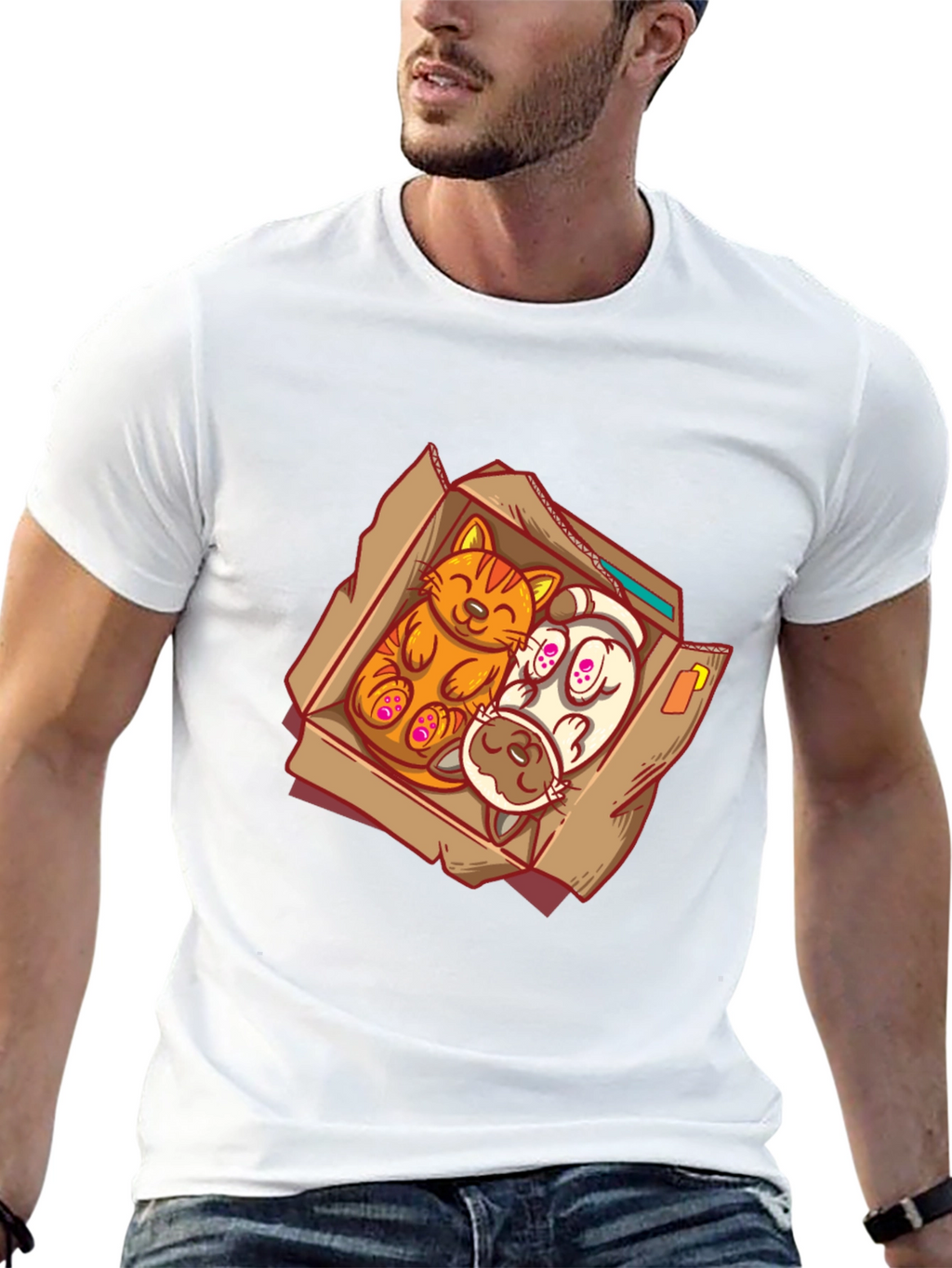 Cat and Dog Cartoon Graphic Tee - Black