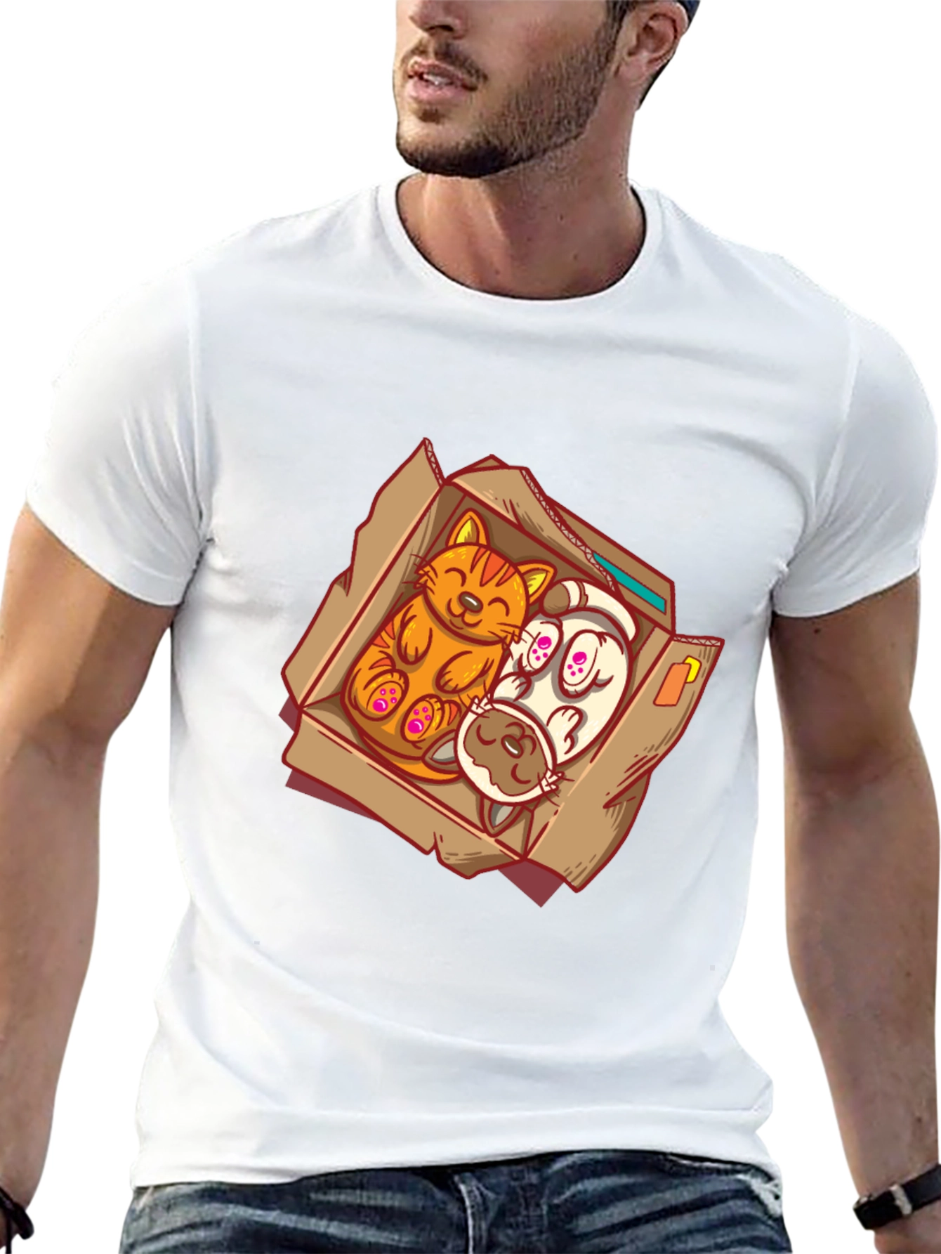 Cat and Dog Cartoon Graphic Tee - Black