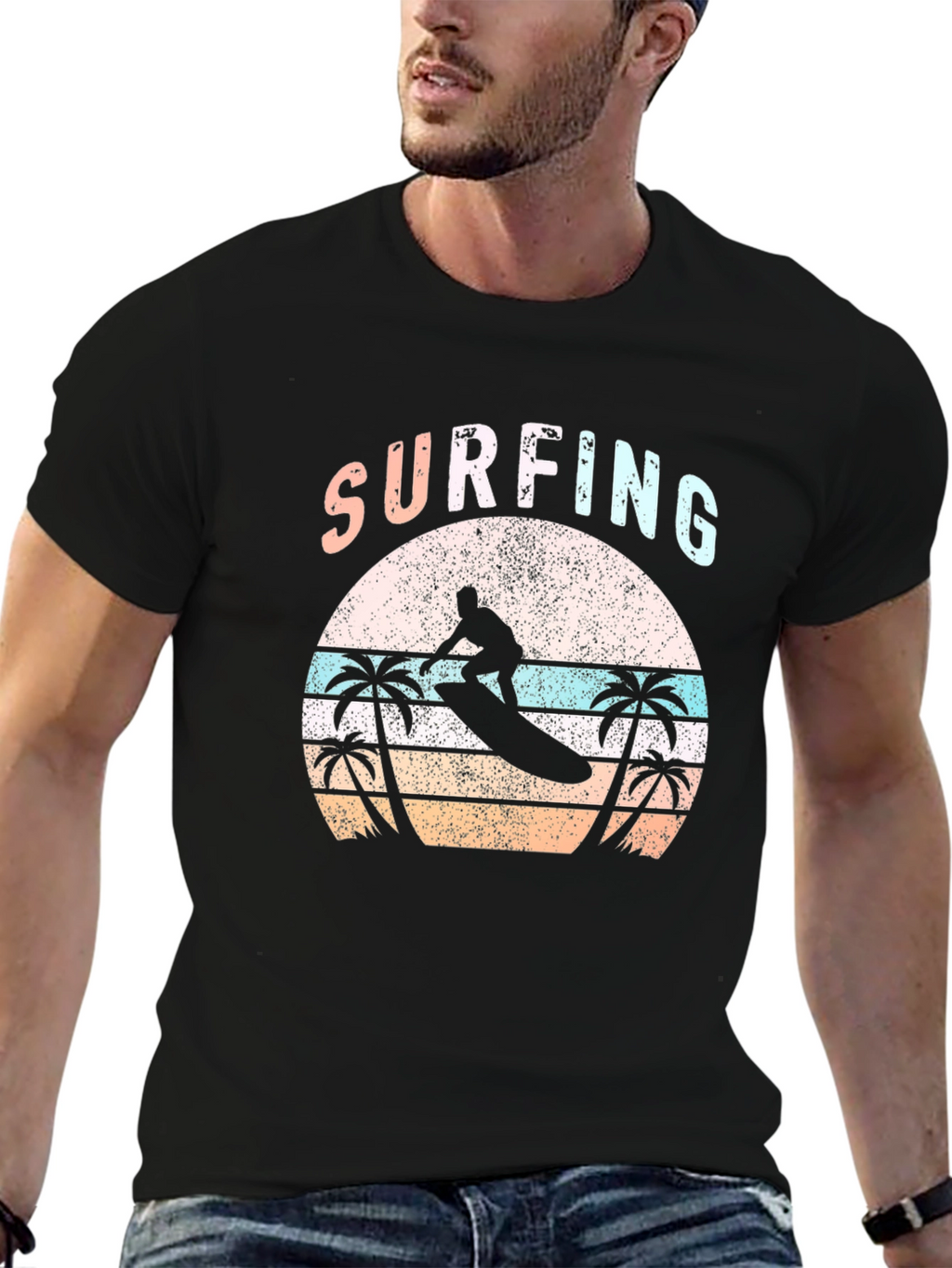 Surfing Palm Tree T-Shirt Retro Sunset
