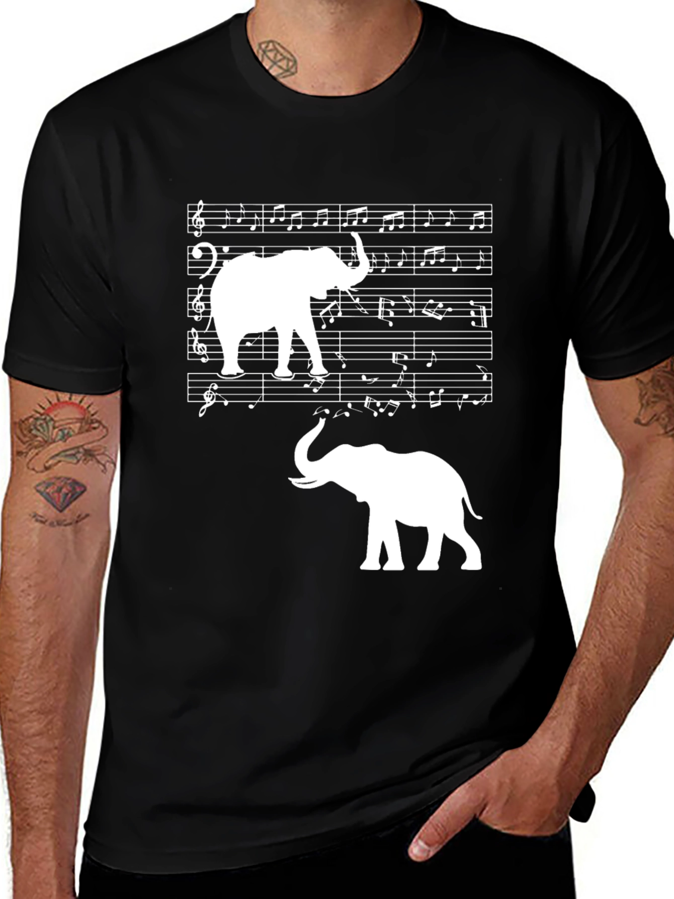 Elephant Music Notes Graphic Tee - Black