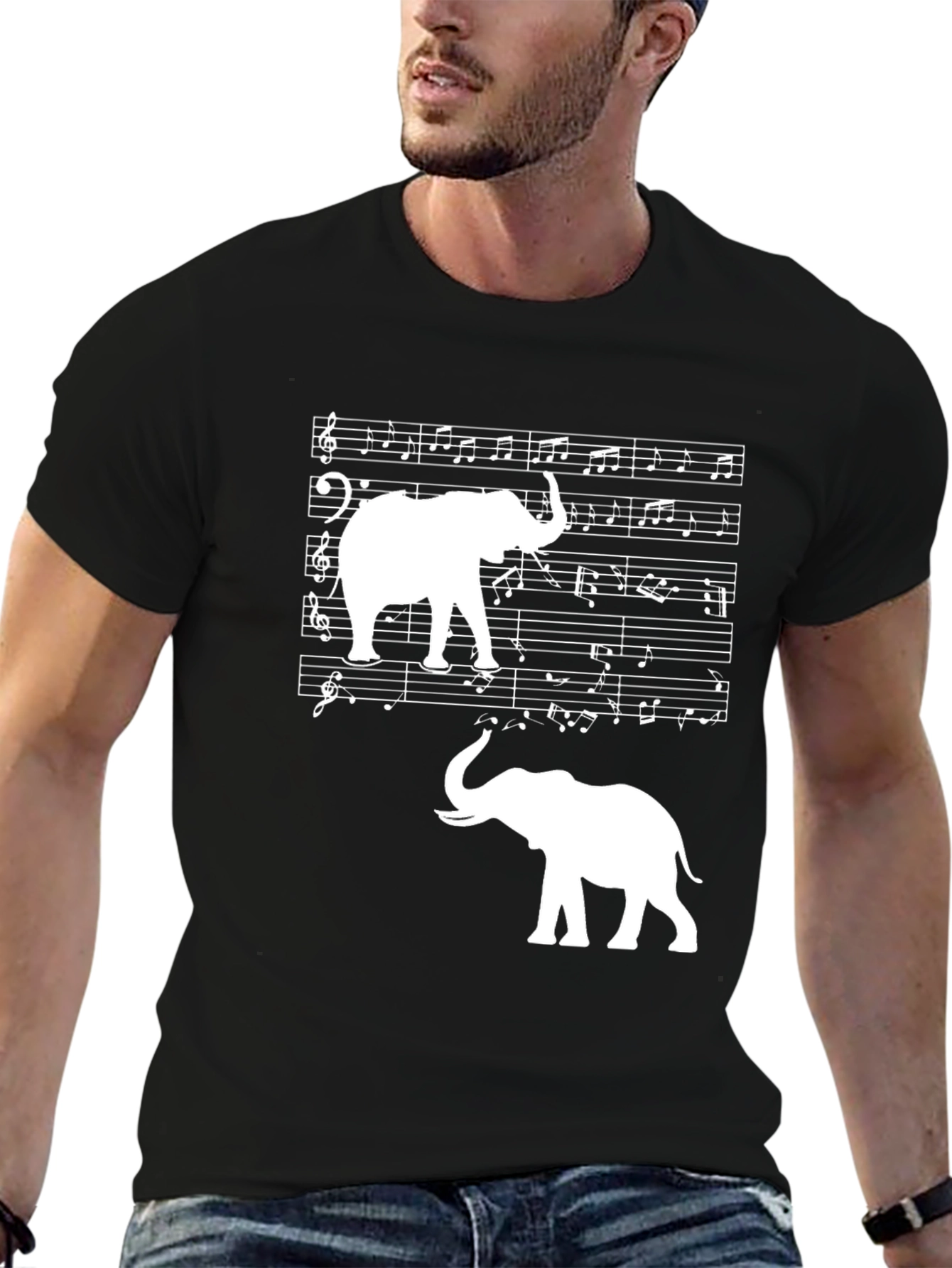 Elephant Music Notes Graphic Tee - Black
