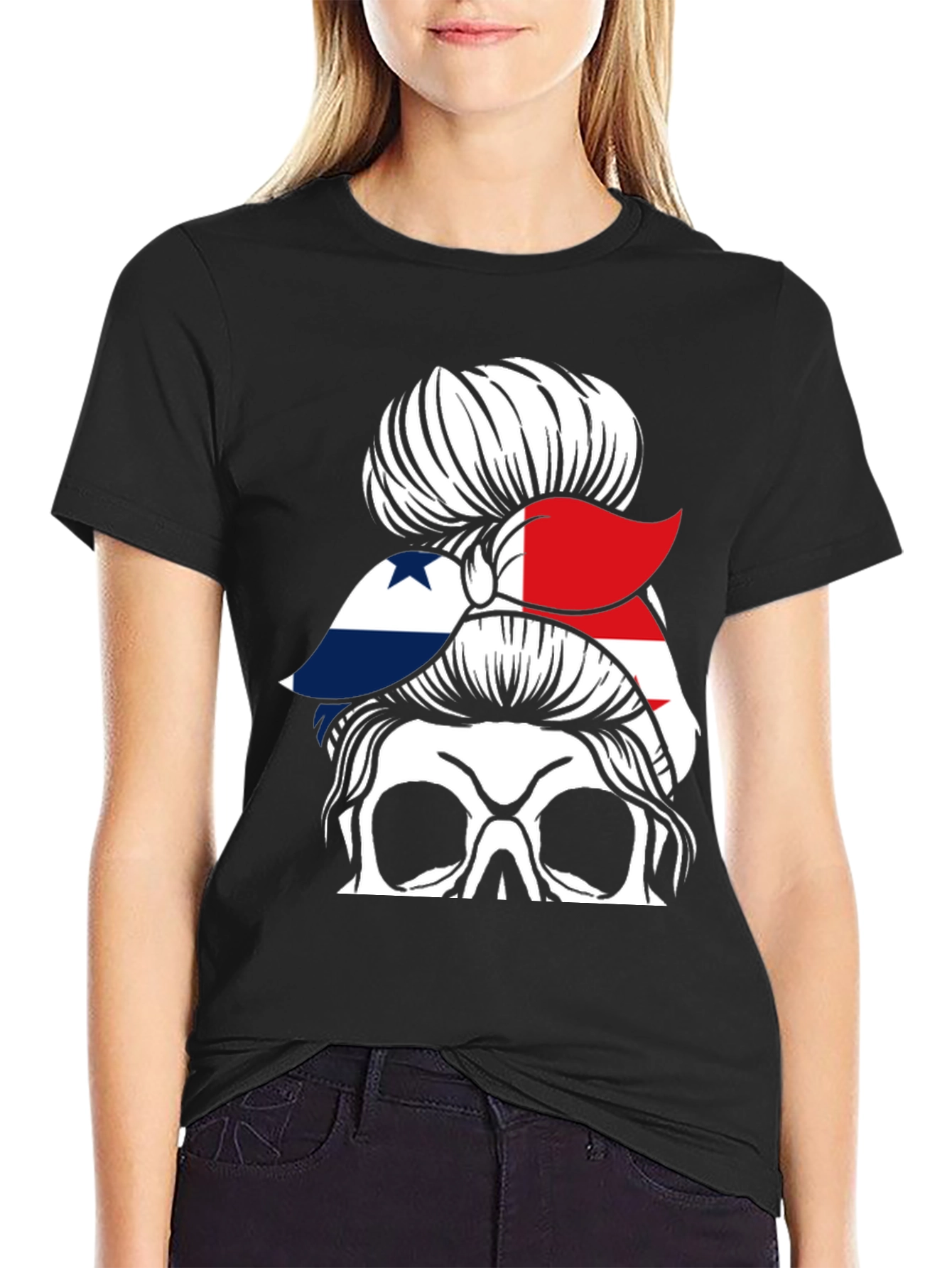 Panama Flag Messy Bun Skull T-Shirt