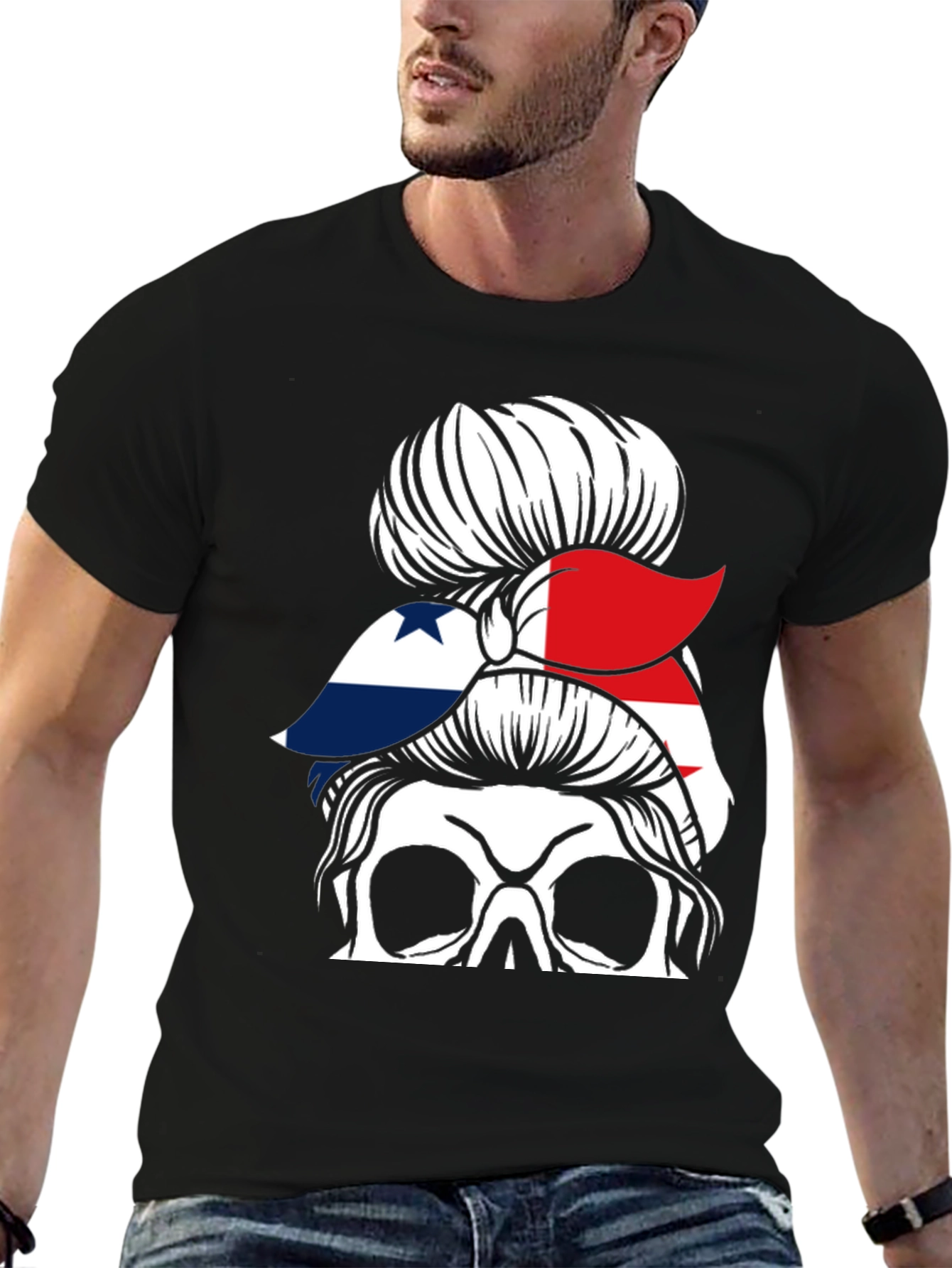 Panama Flag Messy Bun Skull T-Shirt