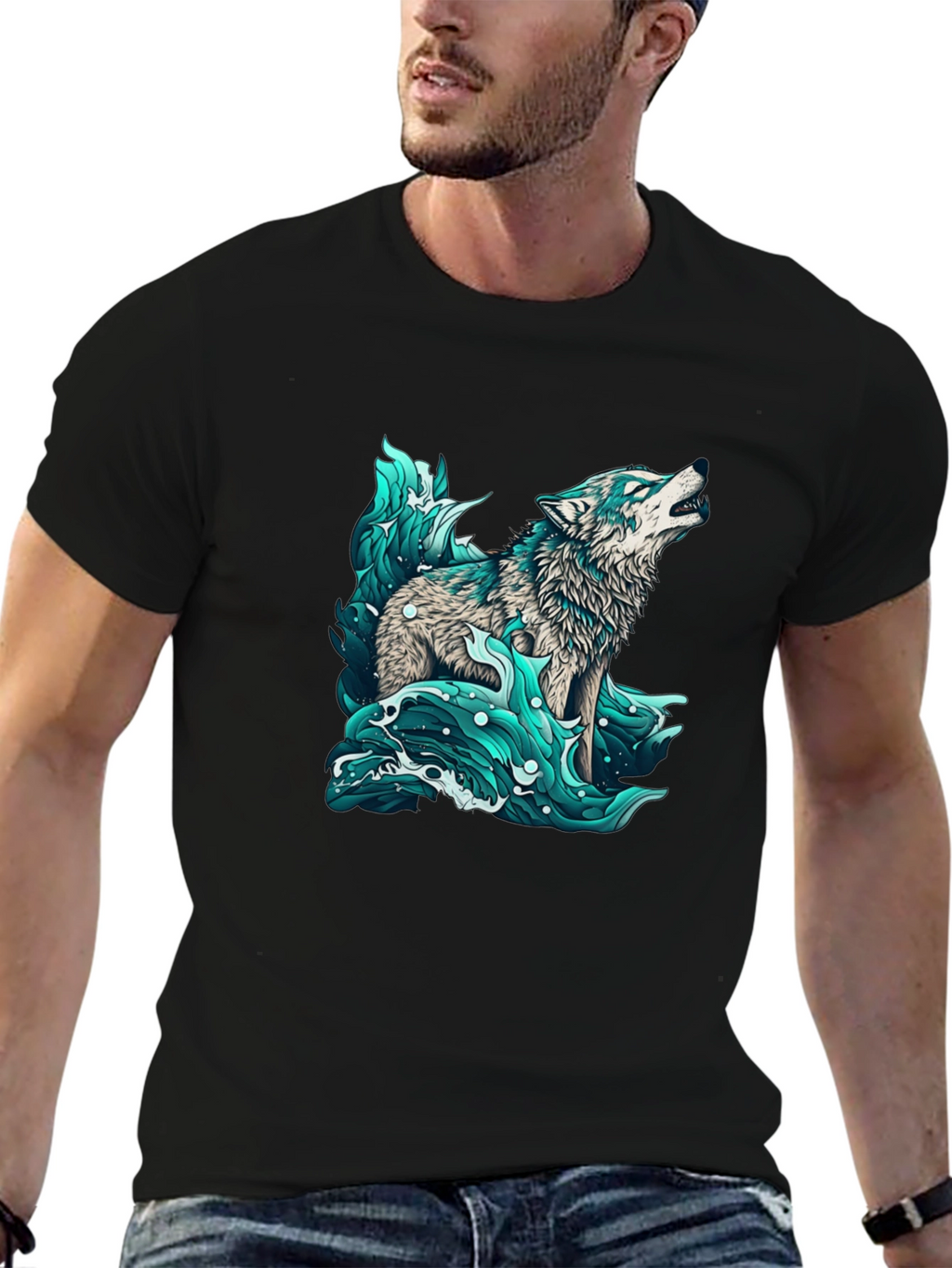 Wolf in Water Graphic Black T-Shirt