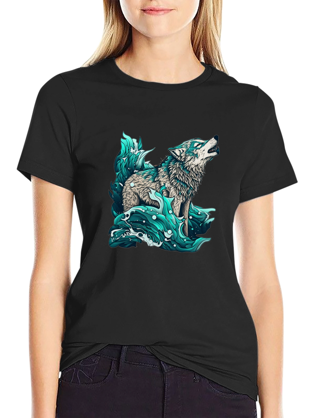 Wolf in Water Graphic Black T-Shirt