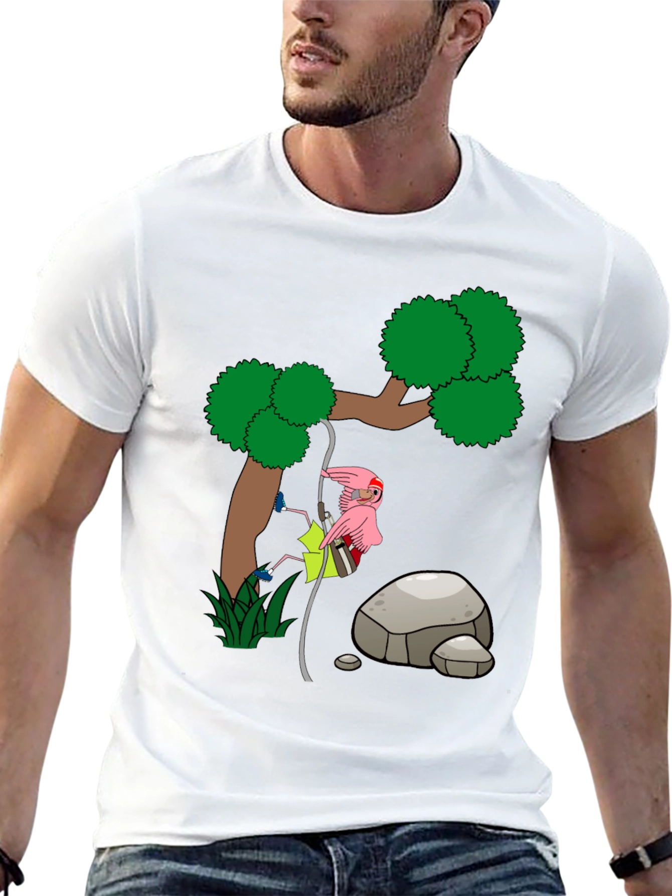Cartoon Flamingo Climbing Tree Black T-Shirt