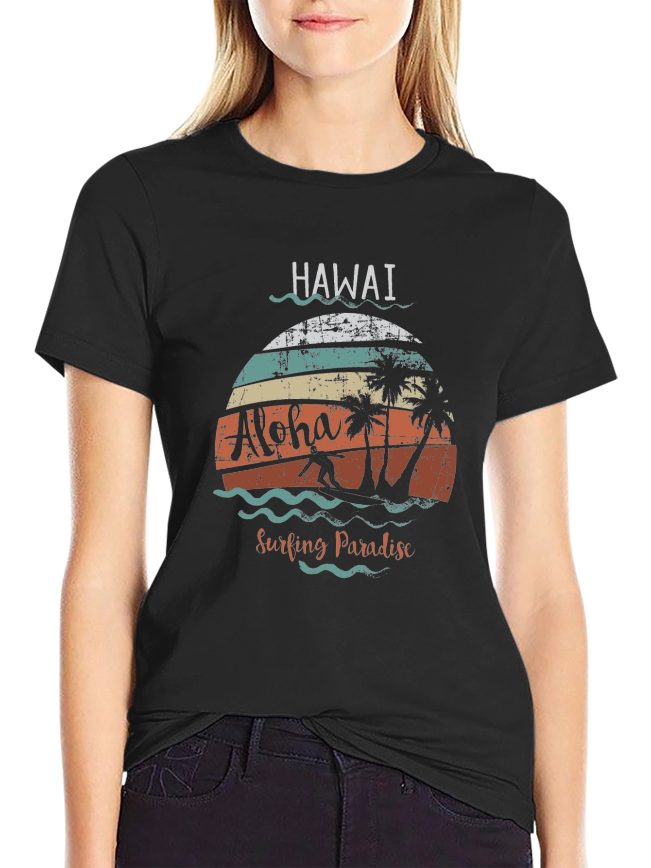 Hawaii Aloha Surfing Paradise Black T-Shirt