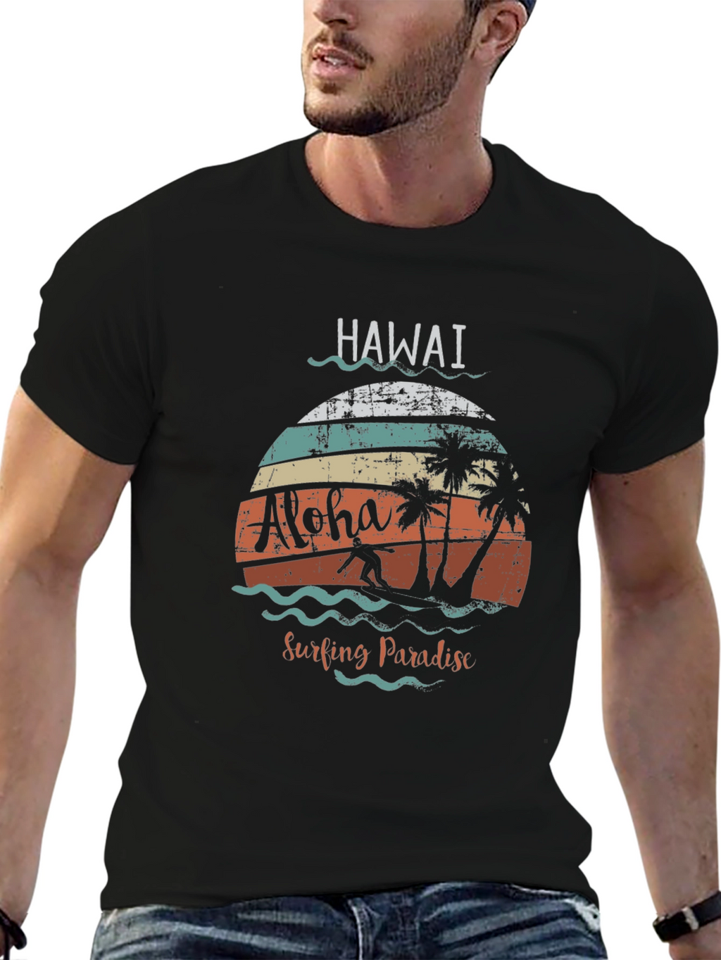 Hawaii Aloha Surfing Paradise Black T-Shirt
