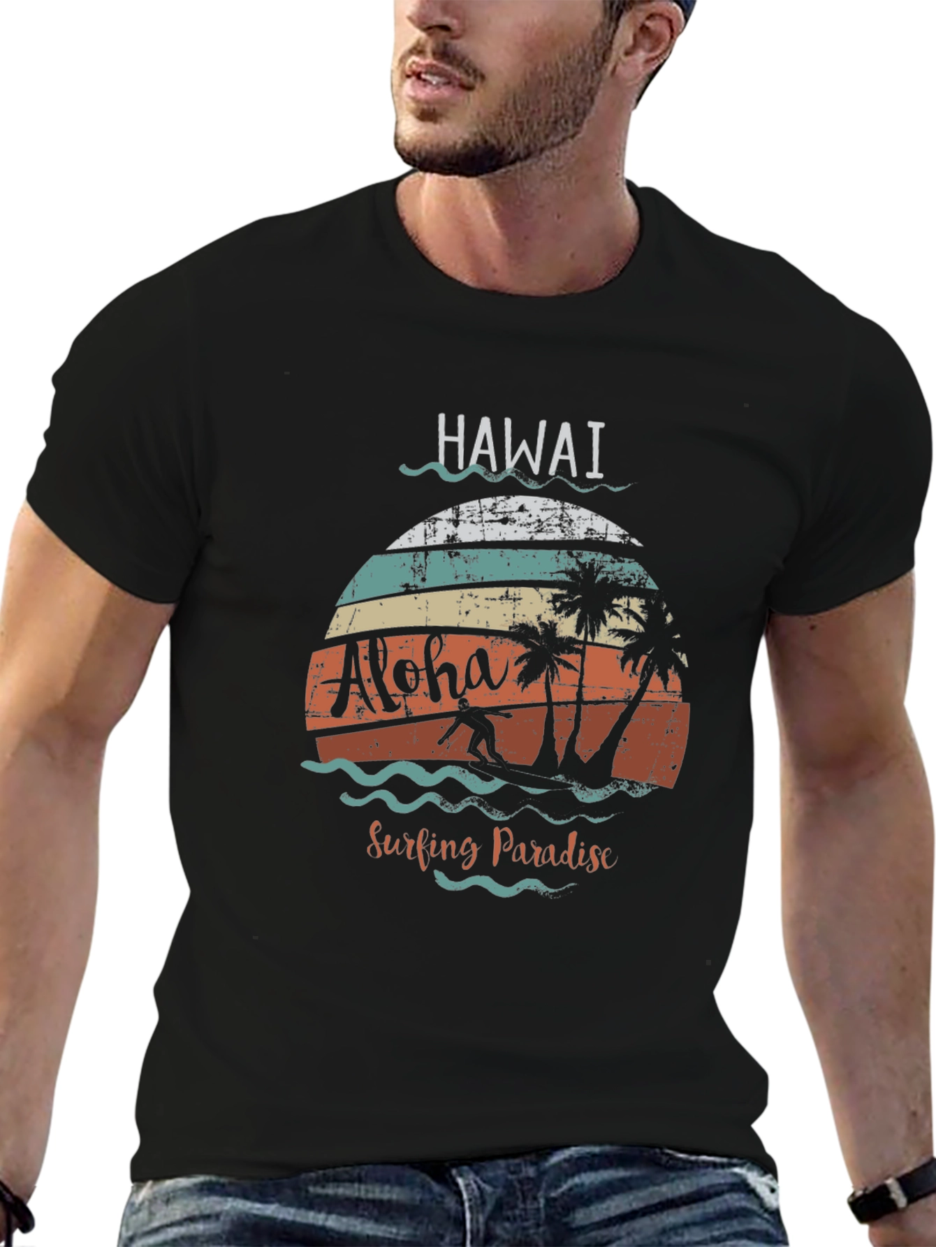 Hawaii Aloha Surfing Paradise Black T-Shirt
