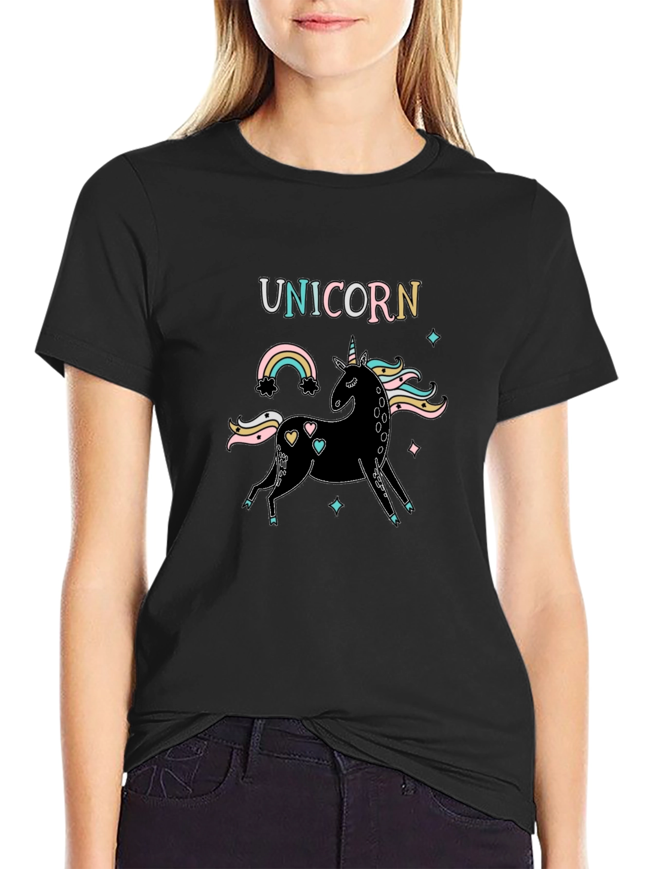 Unicorn Rainbow Graphic Black T-Shirt