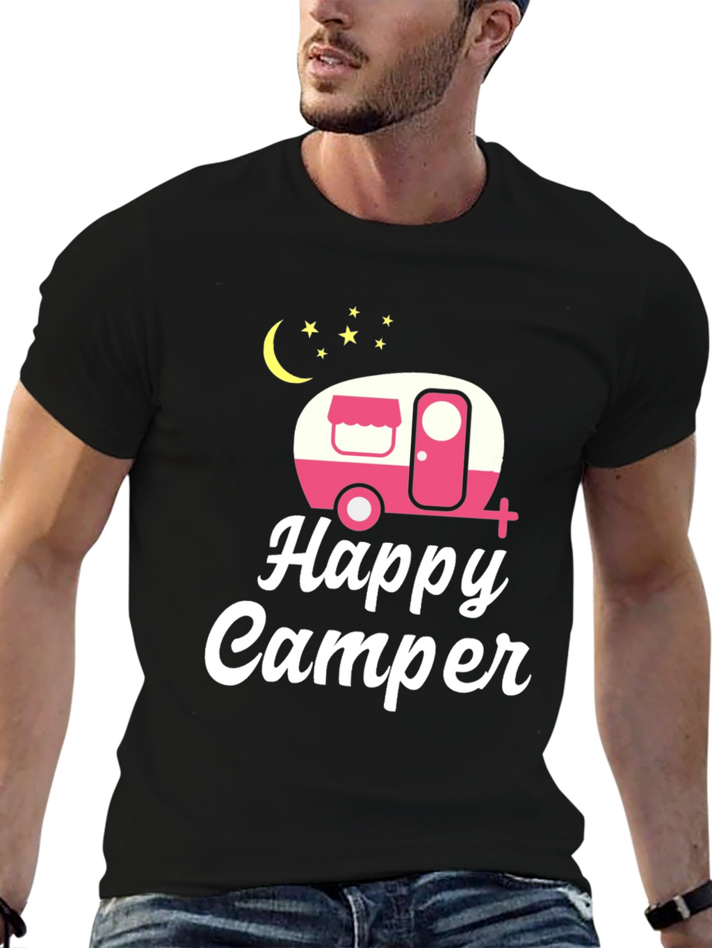 Happy Camper Graphic Tee - Black Cotton T-Shirt