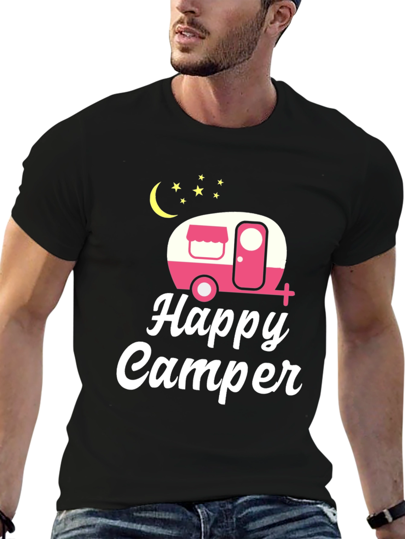 Happy Camper Graphic Tee - Black Cotton T-Shirt