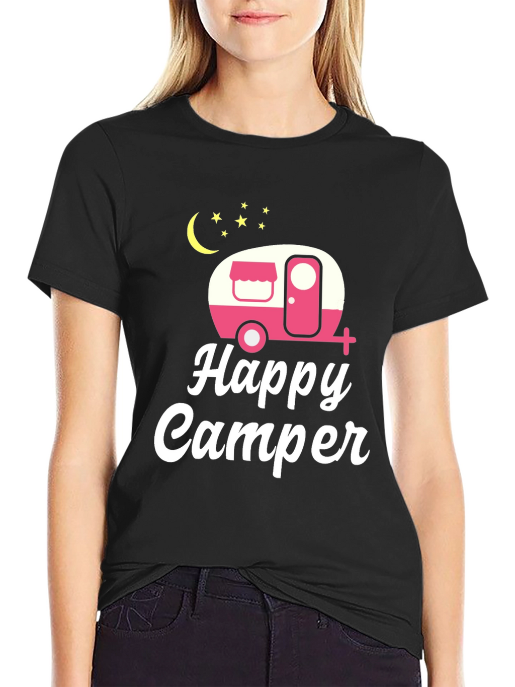Happy Camper Graphic Tee - Black Cotton T-Shirt