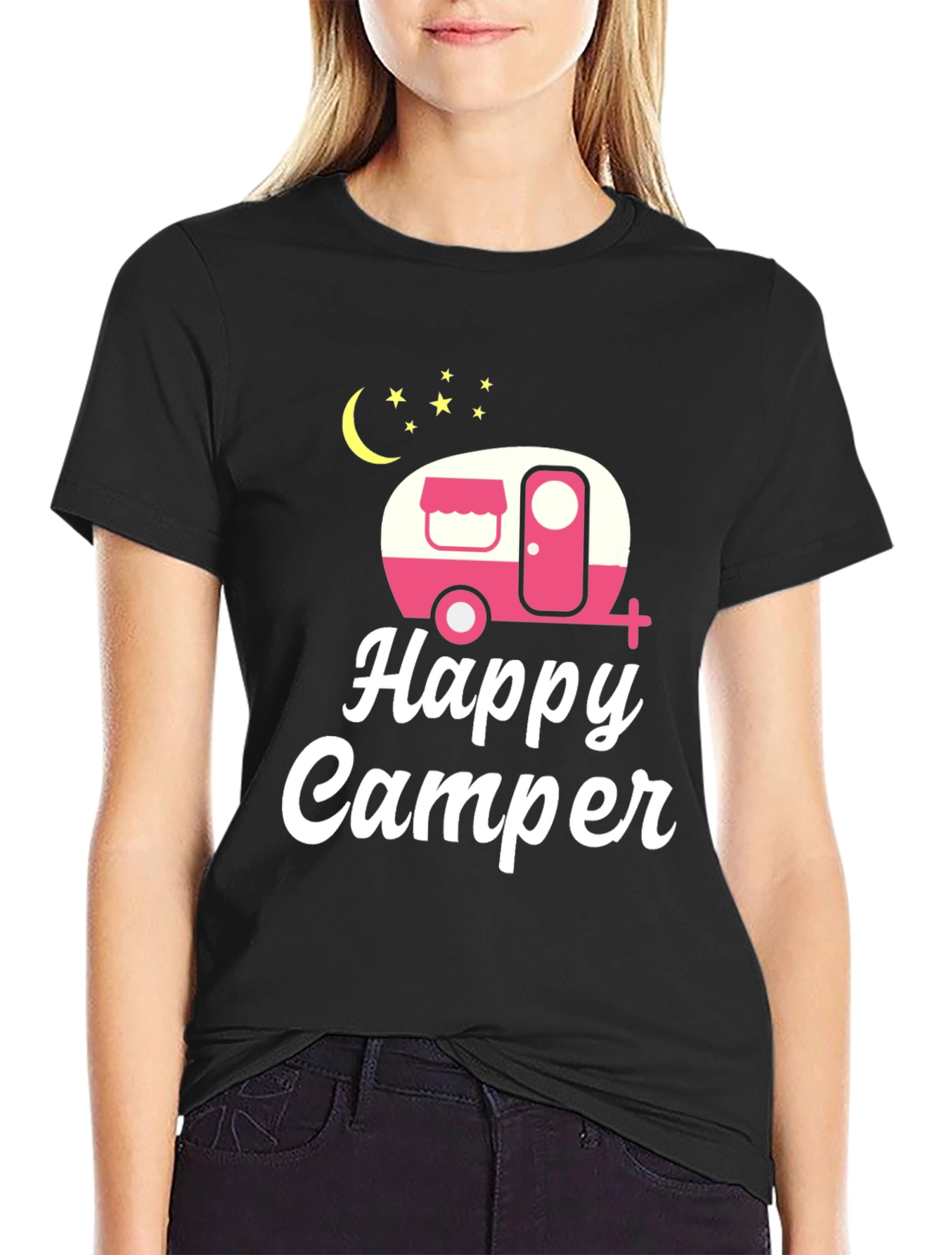 Happy Camper Graphic Tee - Black Cotton T-Shirt