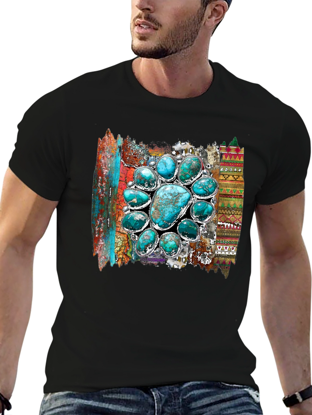 Turquoise Stone Design Mens Black T-Shirt